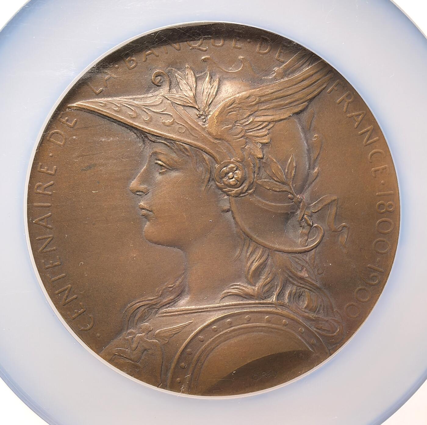 凡希社世界钱币微拍第二百八十期 1900法兰西银行成立百年纪念大铜章NGC-MS64，浅浮雕，Roty名家作品，气韵典雅的一枚原铸好章！