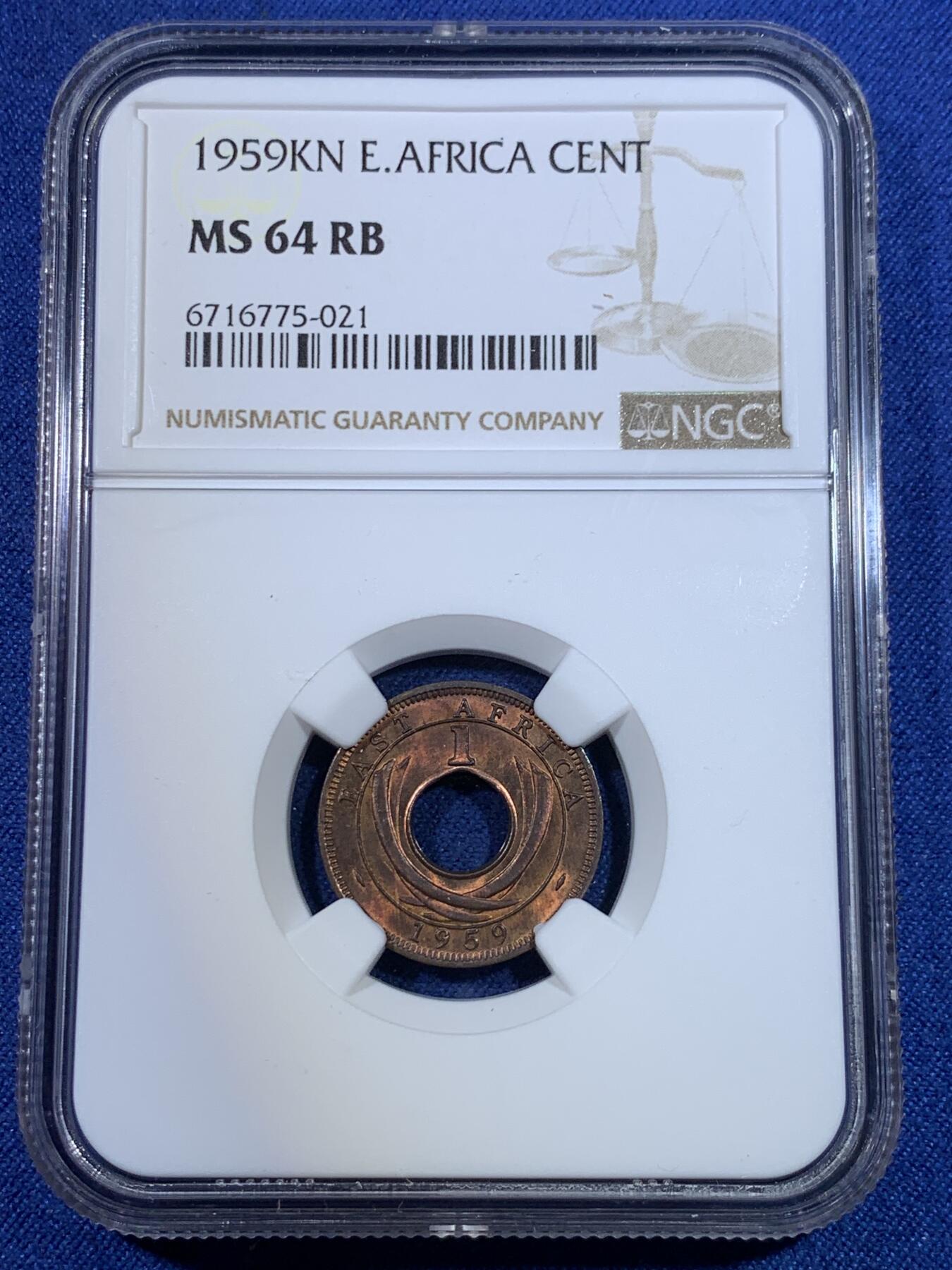 《竞宝斋》第296场- 周日，周一  2场连拍 （全场包邮） NGC MS64RB 英属东非1959年KN厂1分铜币 透光巧克力包浆