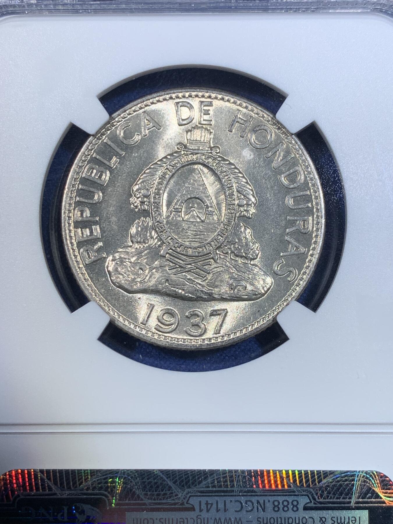 《竞宝斋》第296场- 周日，周一  2场连拍 （全场包邮） NGC MS62 洪都拉斯 1937年 1伦皮拉 银币 最大面值银币 少见品种 喜欢的不要错过了