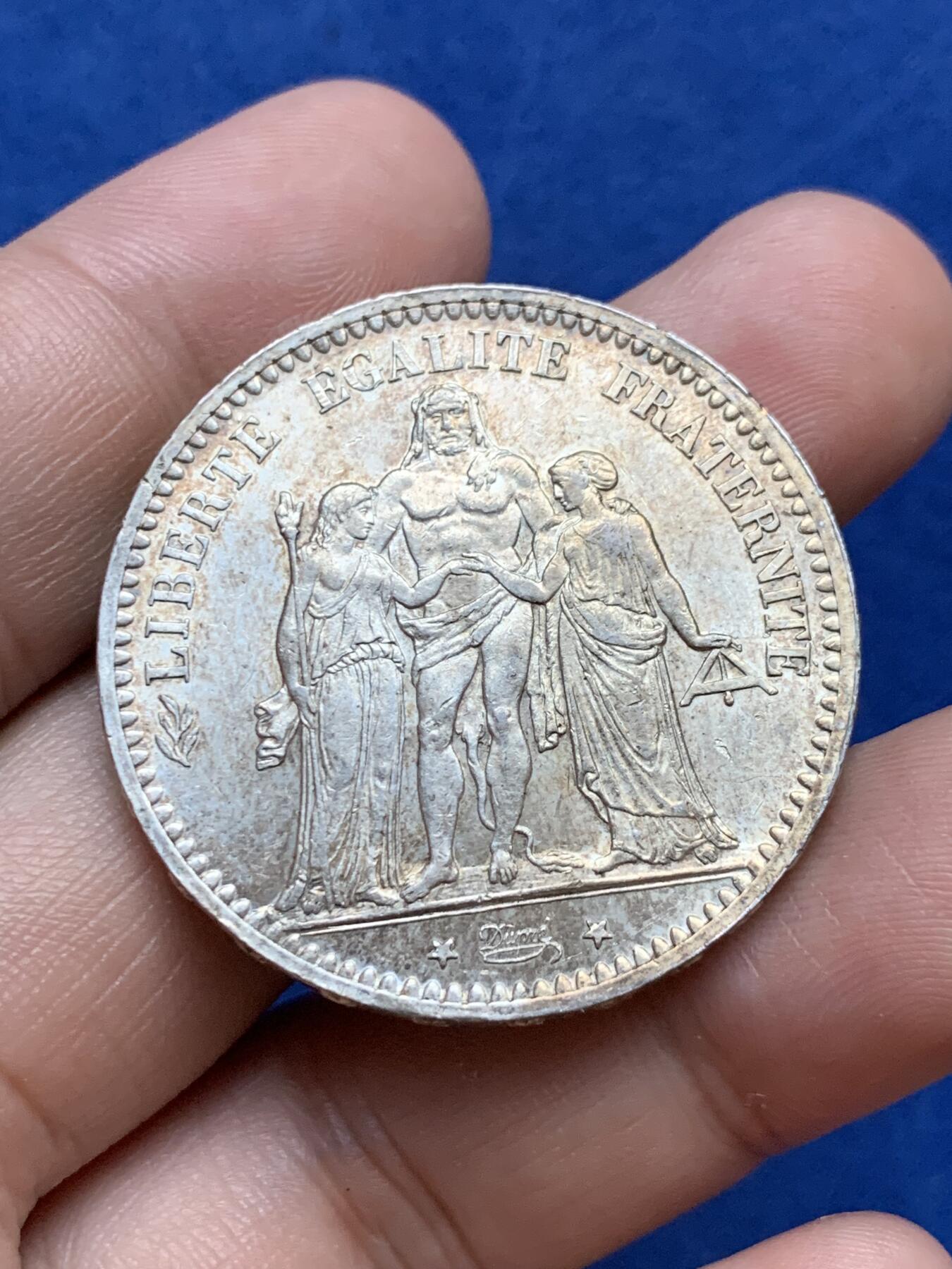 《竞宝斋》第296场- 周日，周一  2场连拍 （全场包邮） 1873年法国大力神5法郎银币 牛皮纸保养金色包浆