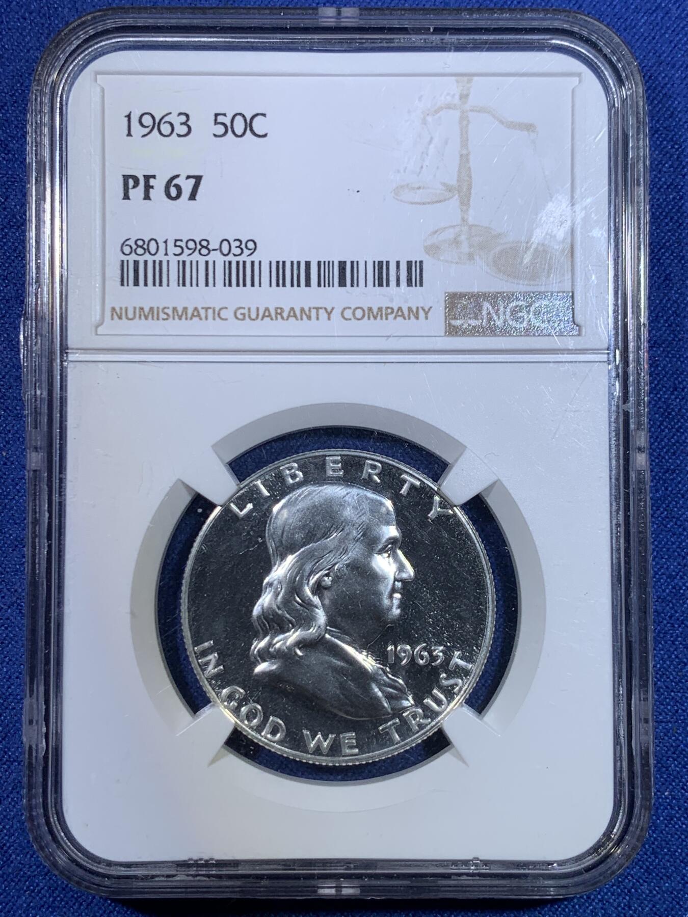 《竞宝斋》第296场- 周日，周一  2场连拍 （全场包邮） NGC PF67 美国1963富兰克林精制半圆