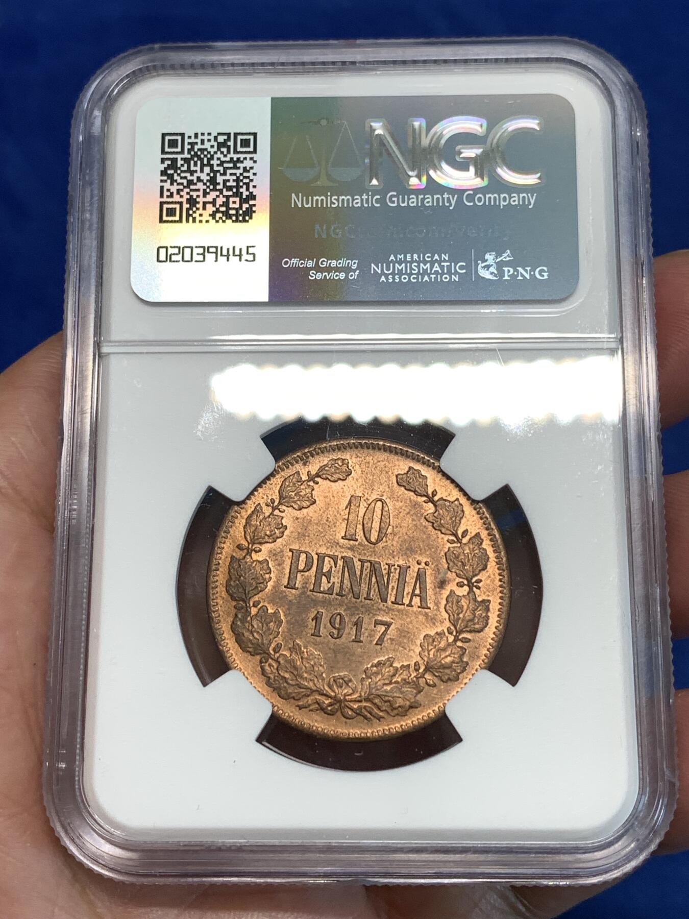 《竞宝斋》第296场- 周日，周一  2场连拍 （全场包邮） NGC MS63RB 俄占芬兰1917年克伦斯基临时政府无皇冠双头鹰10盆尼铜币