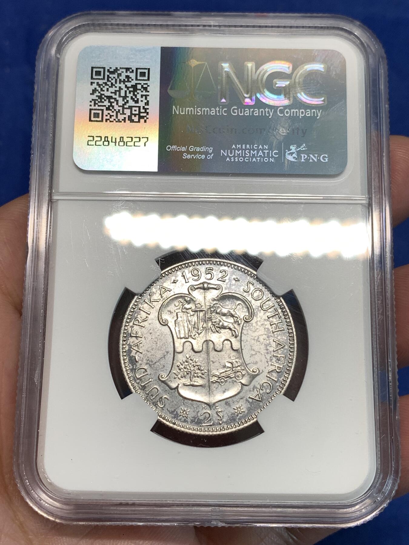 《竞宝斋》第296场- 周日，周一  2场连拍 （全场包邮） NGC UNC 南非1952年乔治六世2先令银币