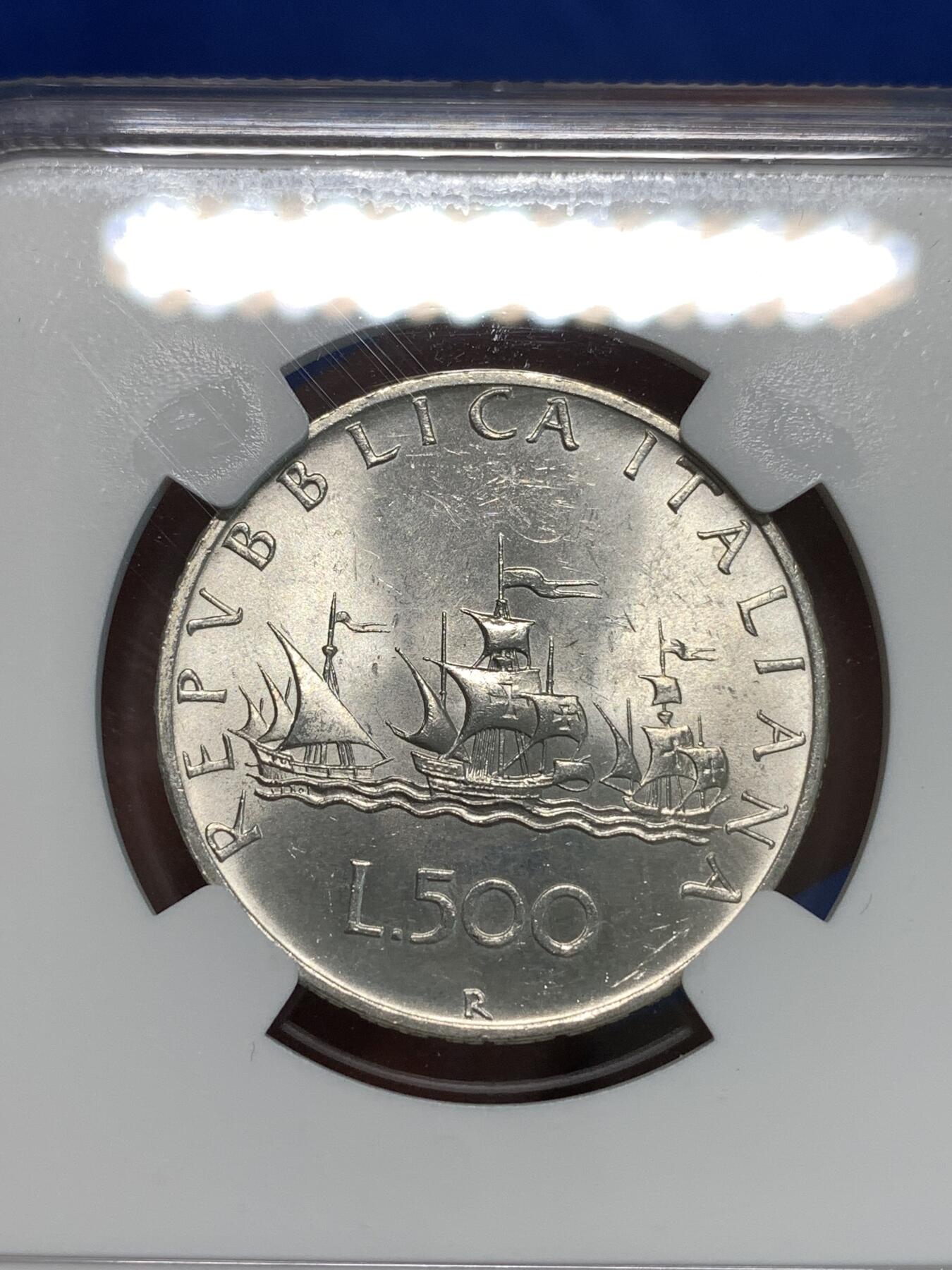 《竞宝斋》第296场- 周日，周一  2场连拍 （全场包邮） NGC MS62 原光意大利1964年帆船女神500里拉银币 设计精美 低评了