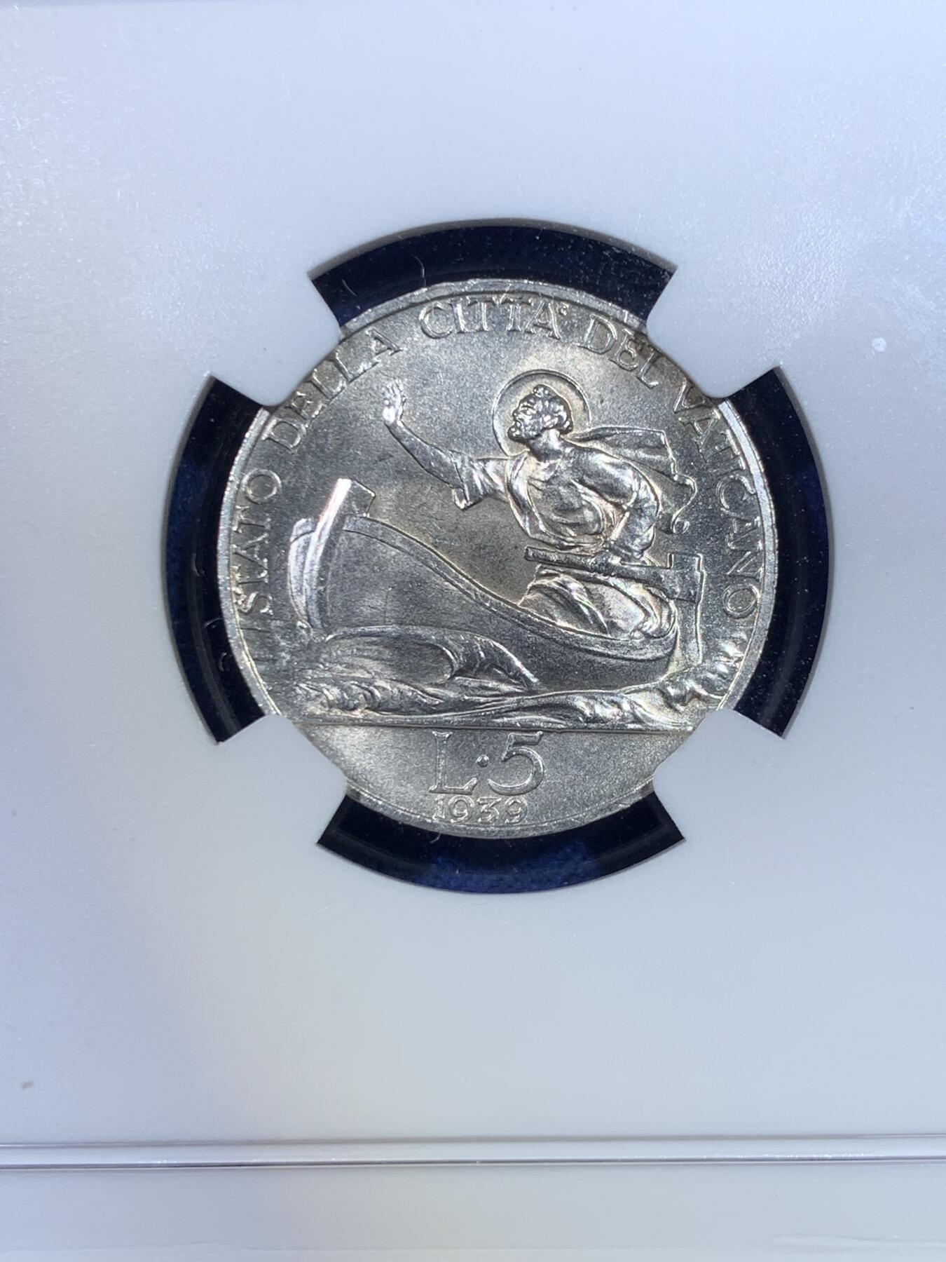 《竞宝斋》第296场- 周日，周一  2场连拍 （全场包邮） NGC MS64 梵蒂冈1939年5里拉划船银币