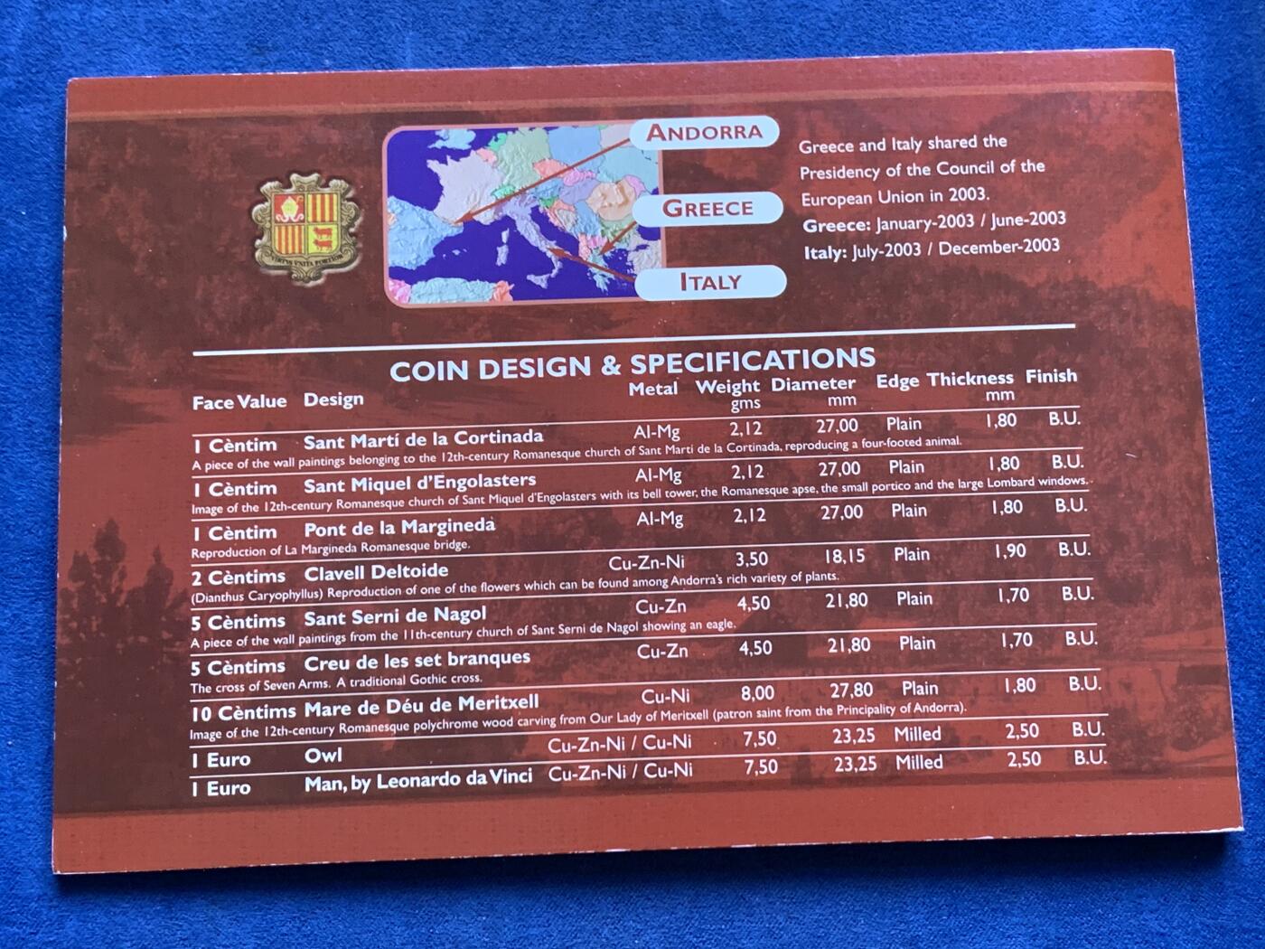 《竞宝斋》第296场- 周日，周一  2场连拍 （全场包邮） 安道尔2003年官方7枚卡装套币