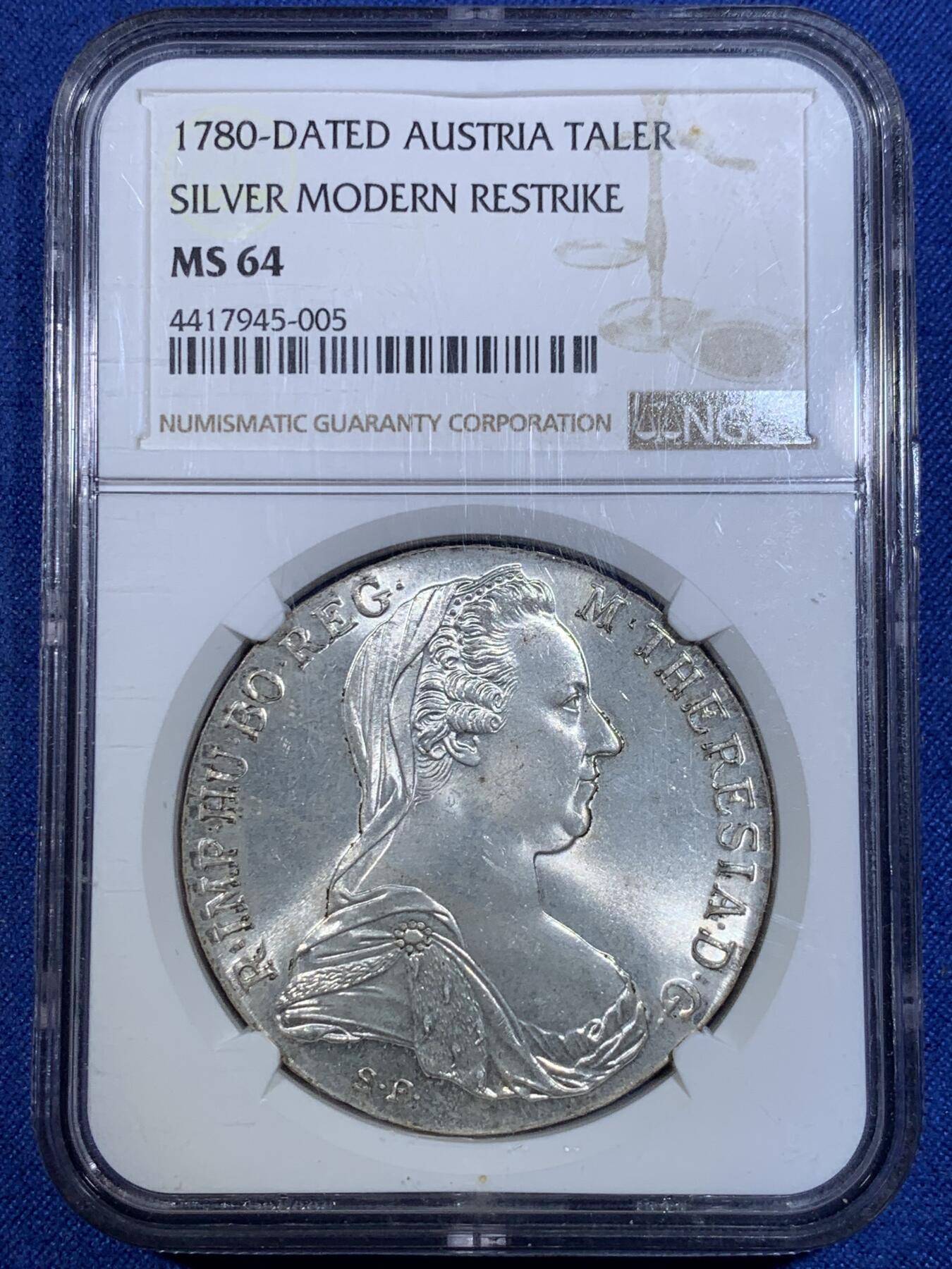 《竞宝斋》第296场- 周日，周一  2场连拍 （全场包邮） NGC MS64 大奶妈1780 后铸版 1泰勒银币  虽说后铸版存量多，但是NGC认证的还是不多。