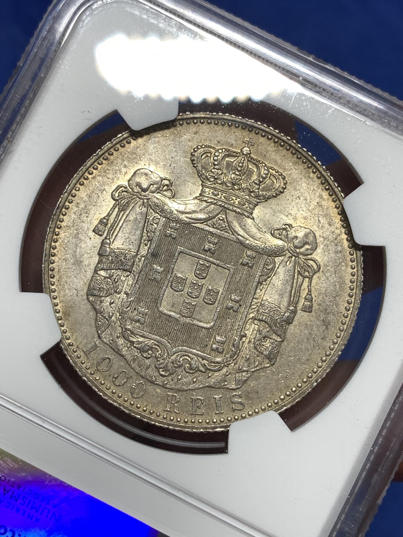 《竞宝斋》第296场- 周日，周一  2场连拍 （全场包邮） NGC AU58 葡萄牙1899年卡洛斯一世头像1000瑞斯大银币