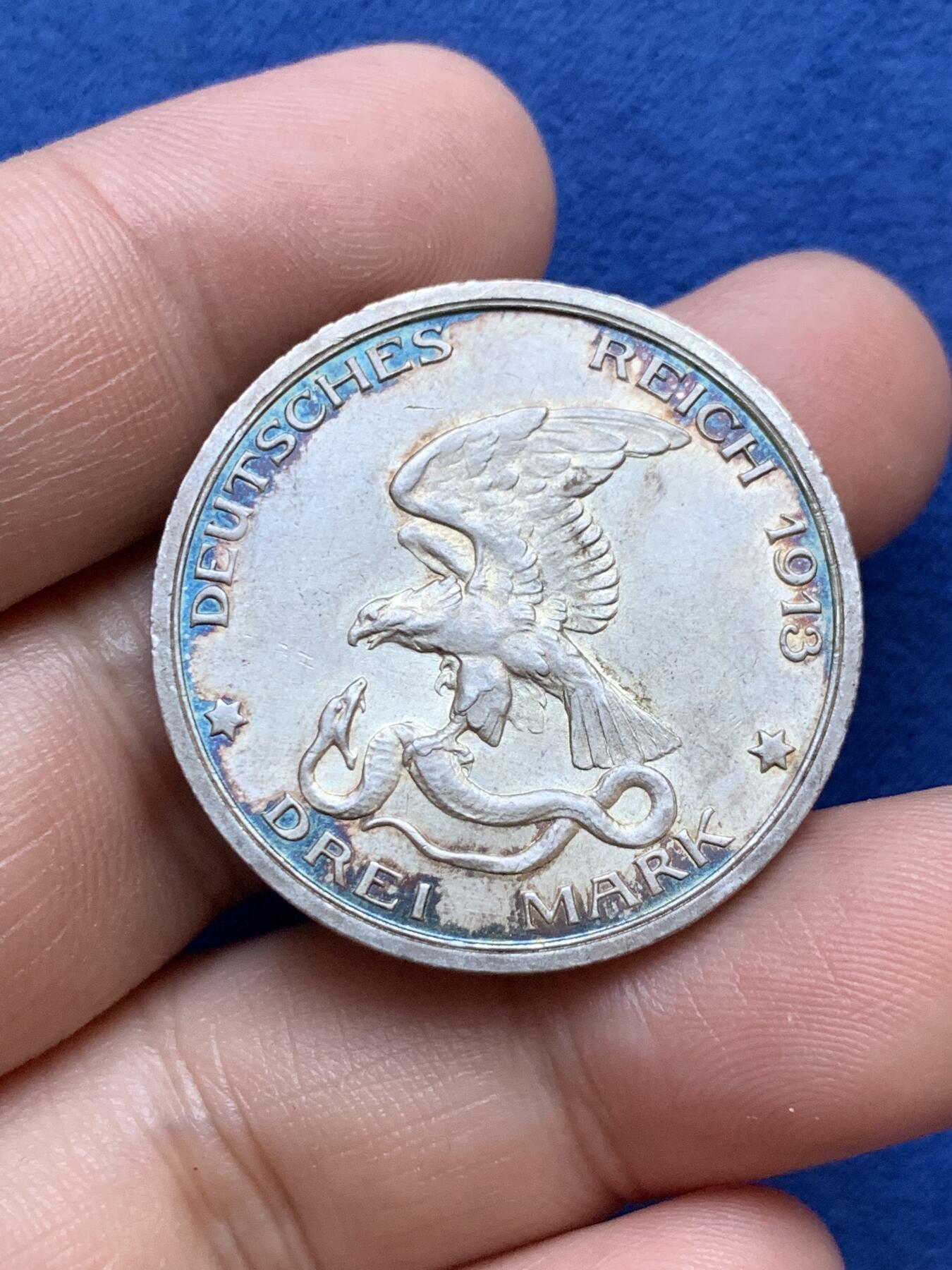 《竞宝斋》第296场- 周日，周一  2场连拍 （全场包邮） 德国1913年普鲁士战胜拿破仑一百周年纪念3马克 转光带彩状态很好