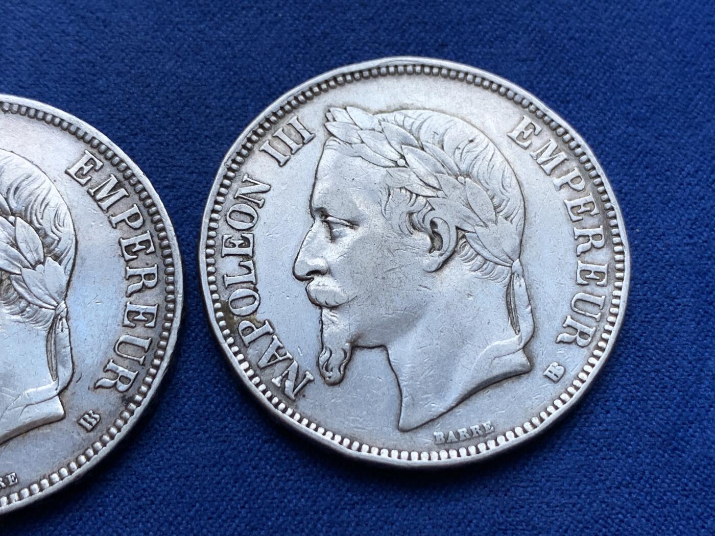 《竞宝斋》第296场- 周日，周一  2场连拍 （全场包邮） 两枚一组 法国 1868/1870年 拿破仑三世 5法郎银币