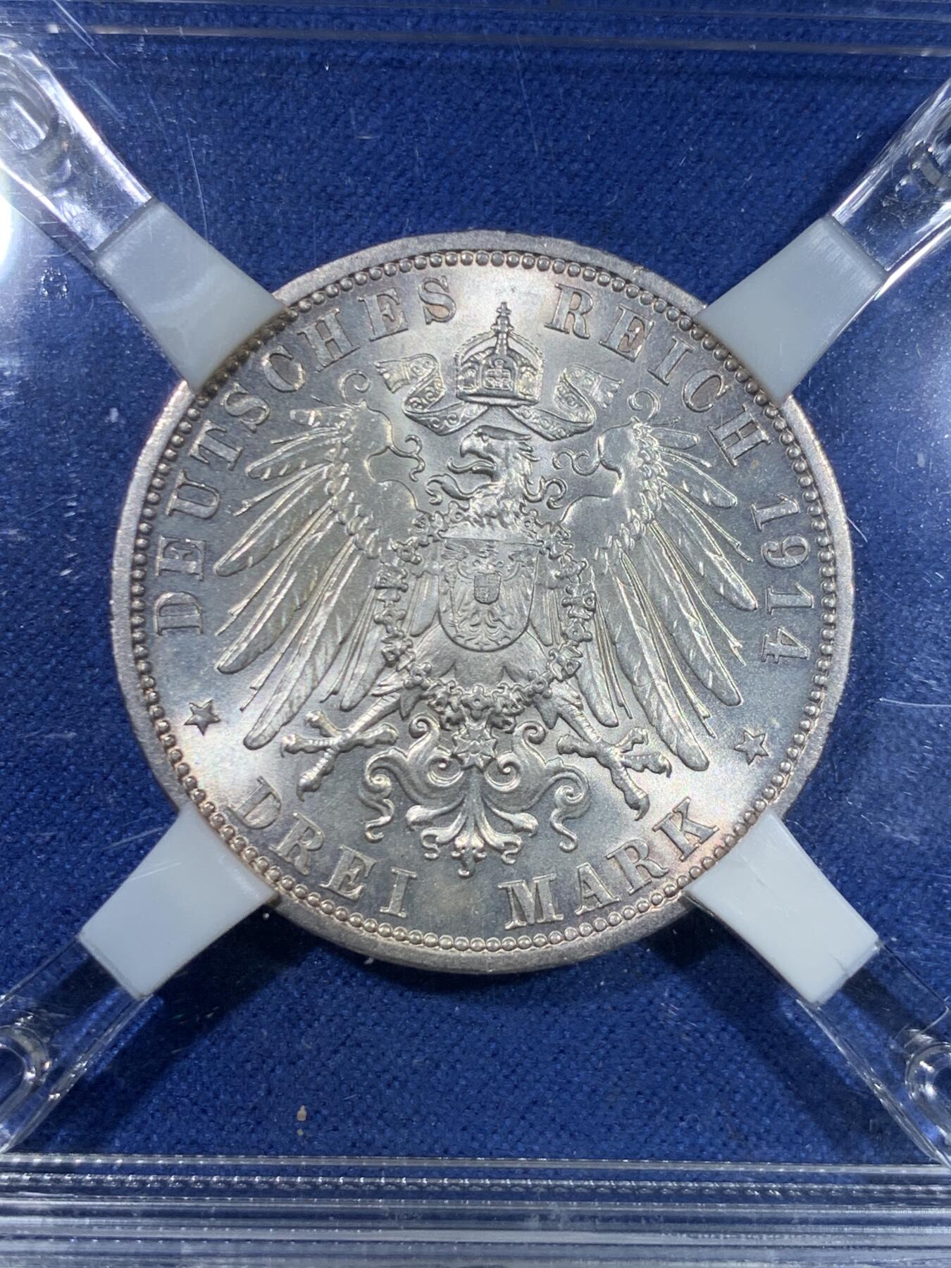 《竞宝斋》第296场- 周日，周一  2场连拍 （全场包邮） 源泰严评 1914年德国安哈特结婚纪念3马克银币 极美转光 淡彩包浆 好品少见