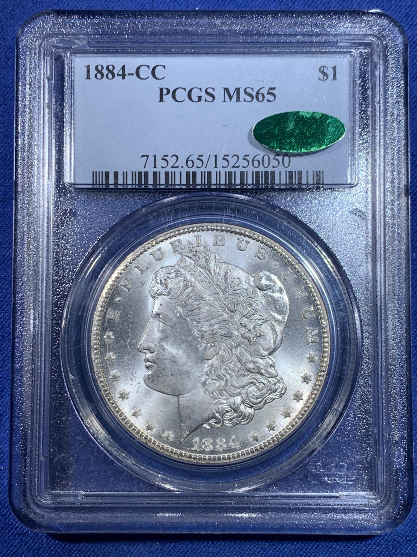 《竞宝斋》第296场- 周日，周一  2场连拍 （全场包邮） PCGS MS65 美国1884年CC版摩根 CAC绿标 老盒 稀少版别 高分 非常难得
