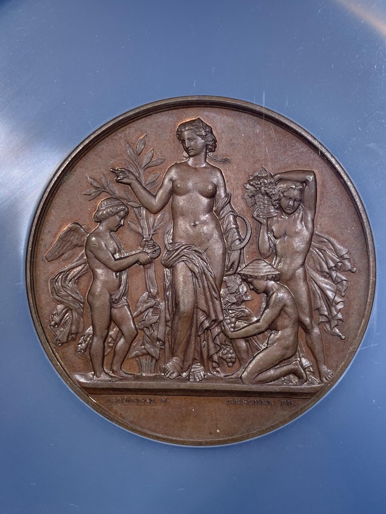 《竞宝斋》第296场- 周日，周一  2场连拍 （全场包邮） NGC MS64BN  法国Loire卢瓦省葡萄种植大铜章 直径50.5mm 大盒封装