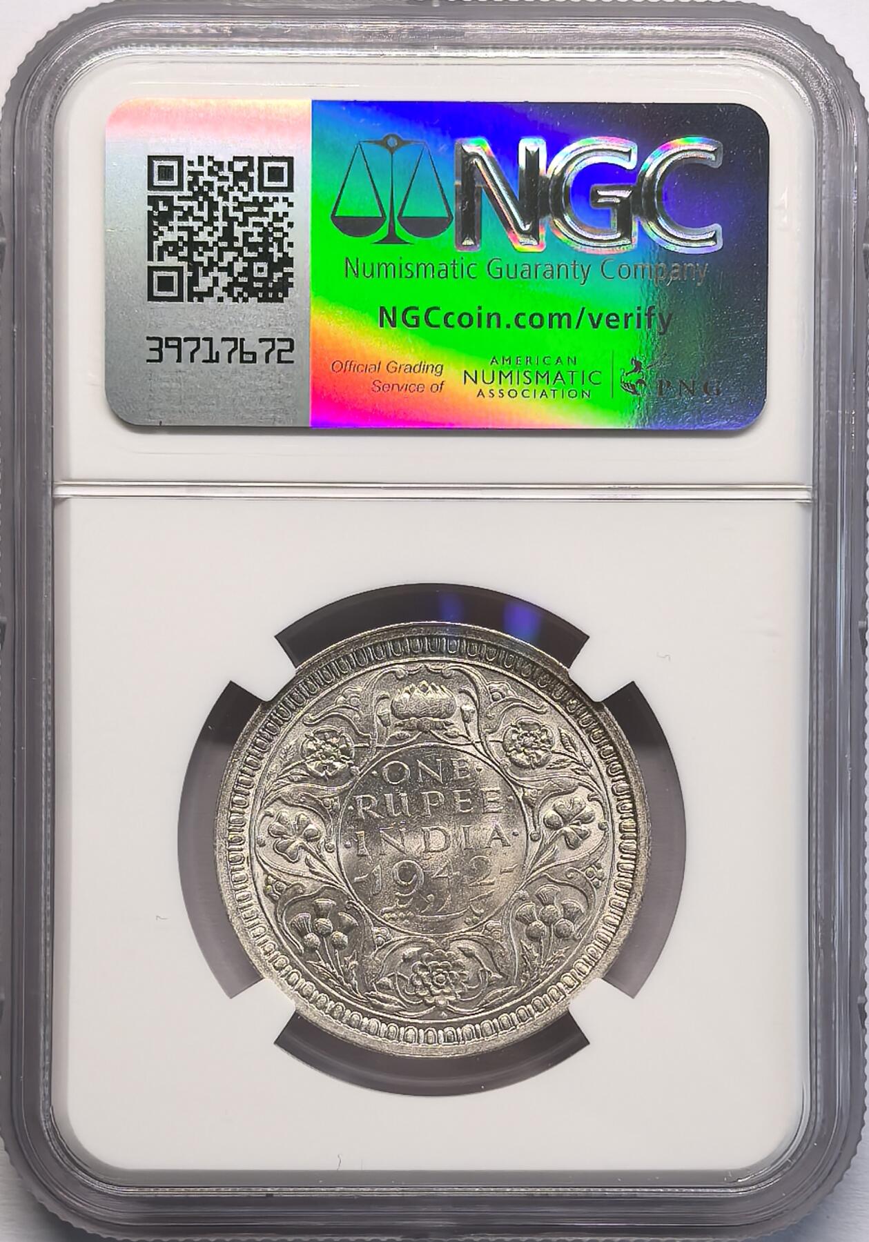 凡希社世界钱币微拍第二百八十期 1942B英属印度乔六卢比银币NGC-MS62