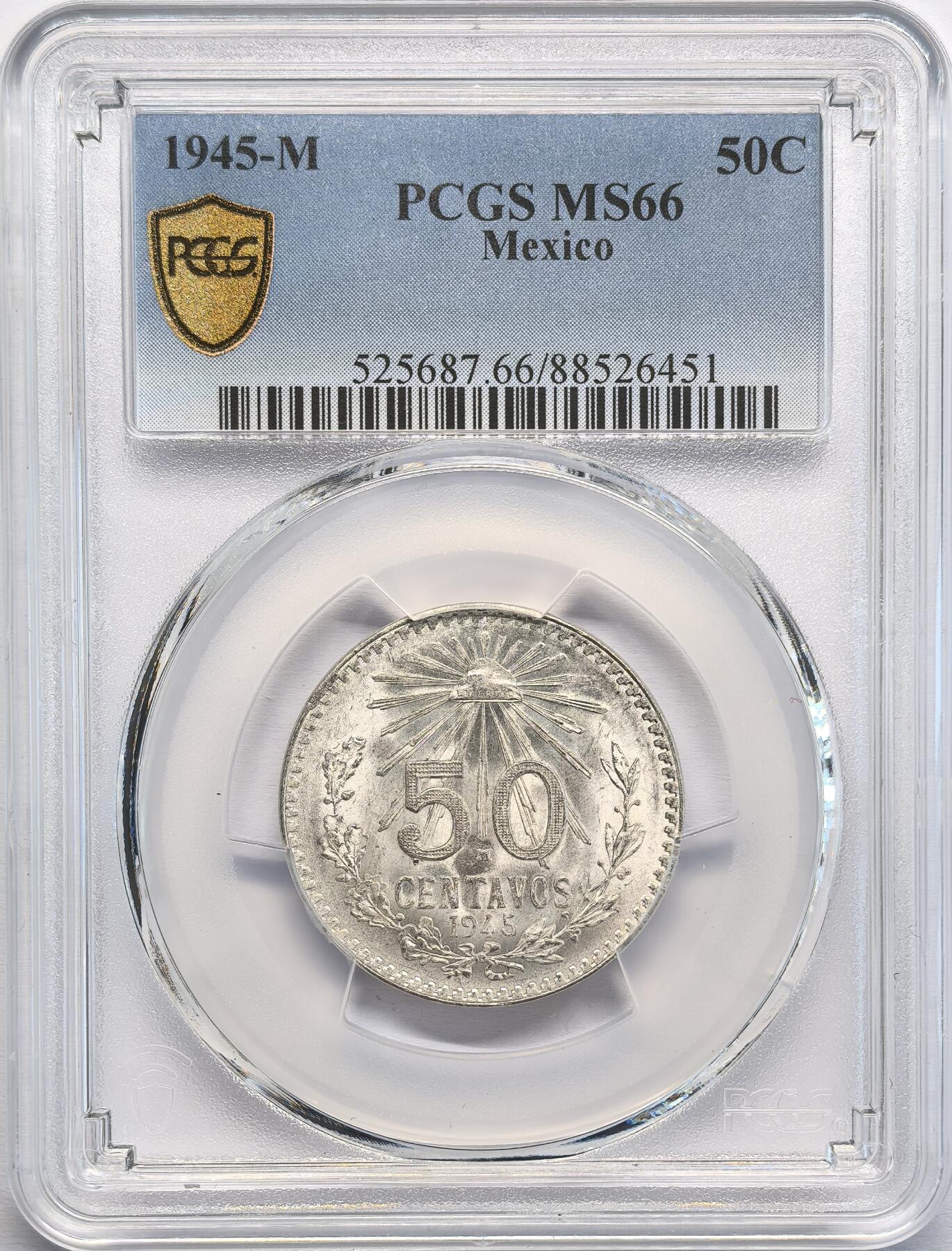 凡希社世界钱币微拍第二百八十期 1945M墨西哥射线自由帽50分银币PCGS-MS66