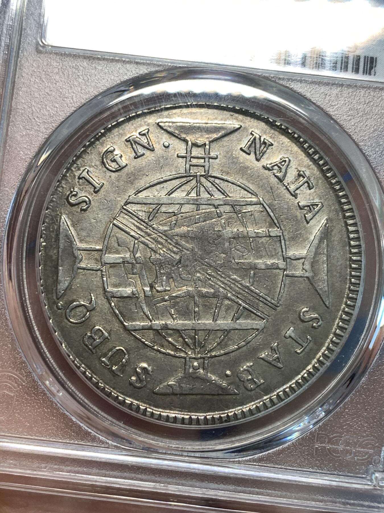 《竞宝斋》第296场- 周日，周一  2场连拍 （全场包邮） PCGS AU53 葡属巴西1816年960R大银币加盖在双柱上