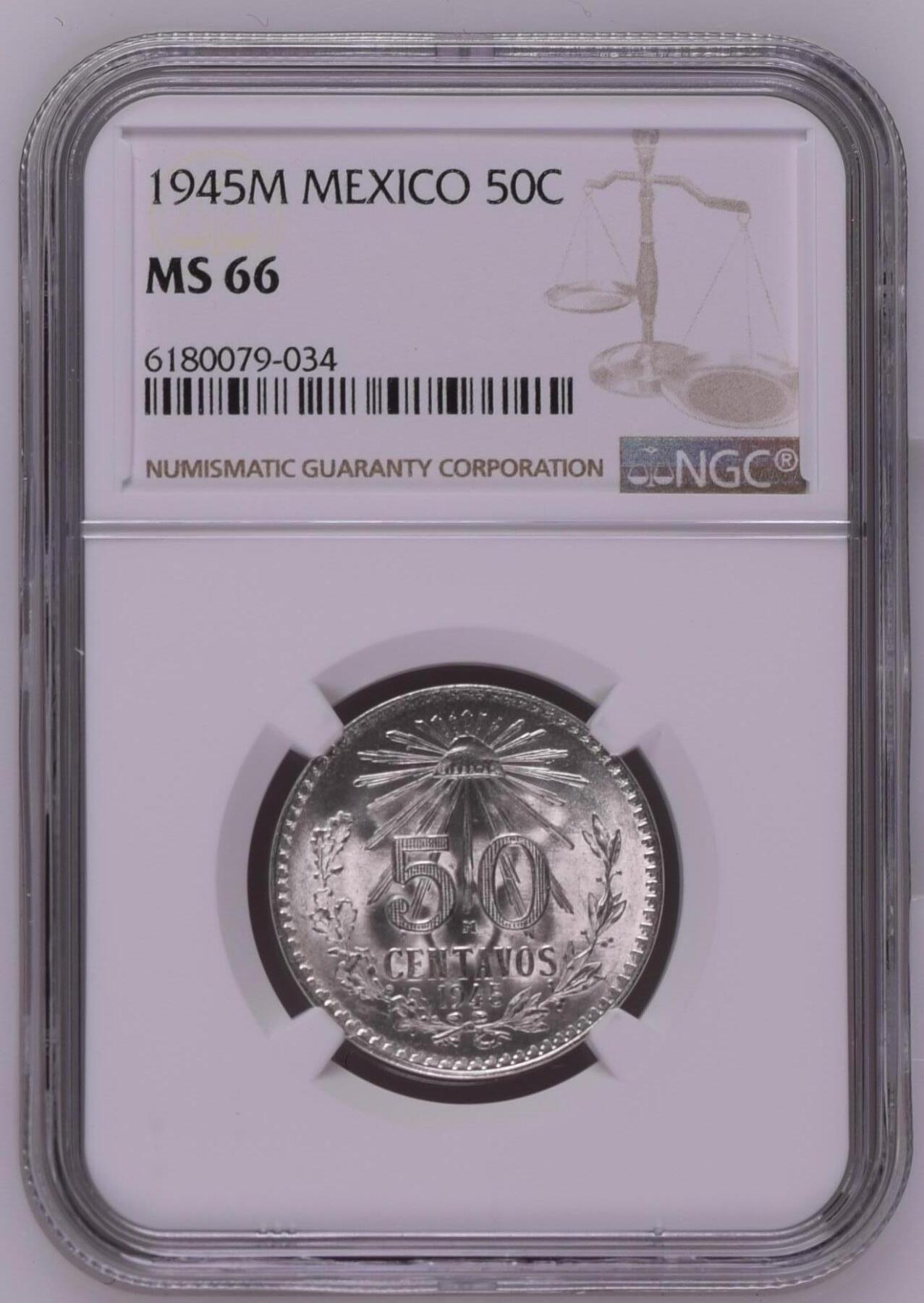 收藏联盟Quantum Auction 第368期拍卖  墨西哥1945年50分比索银币 NGC MS66