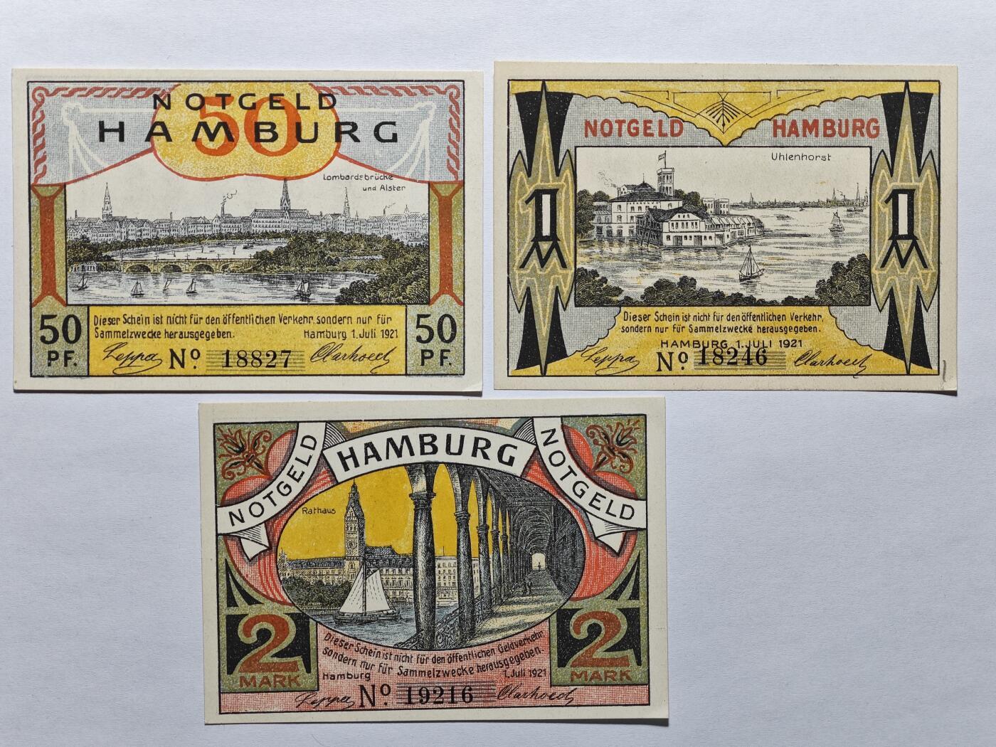 外币专场240922第十二场 德国🇩🇪紧急状态纸币，1921年阿希姆镇与汉堡市，品相如图，7张一组。