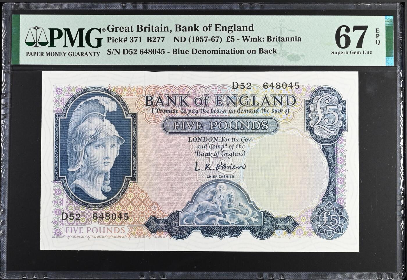 收藏联盟Quantum Auction 第368期拍卖  英国ND (1957-67)年5镑 PMG67  帝国女神 稀少实心版