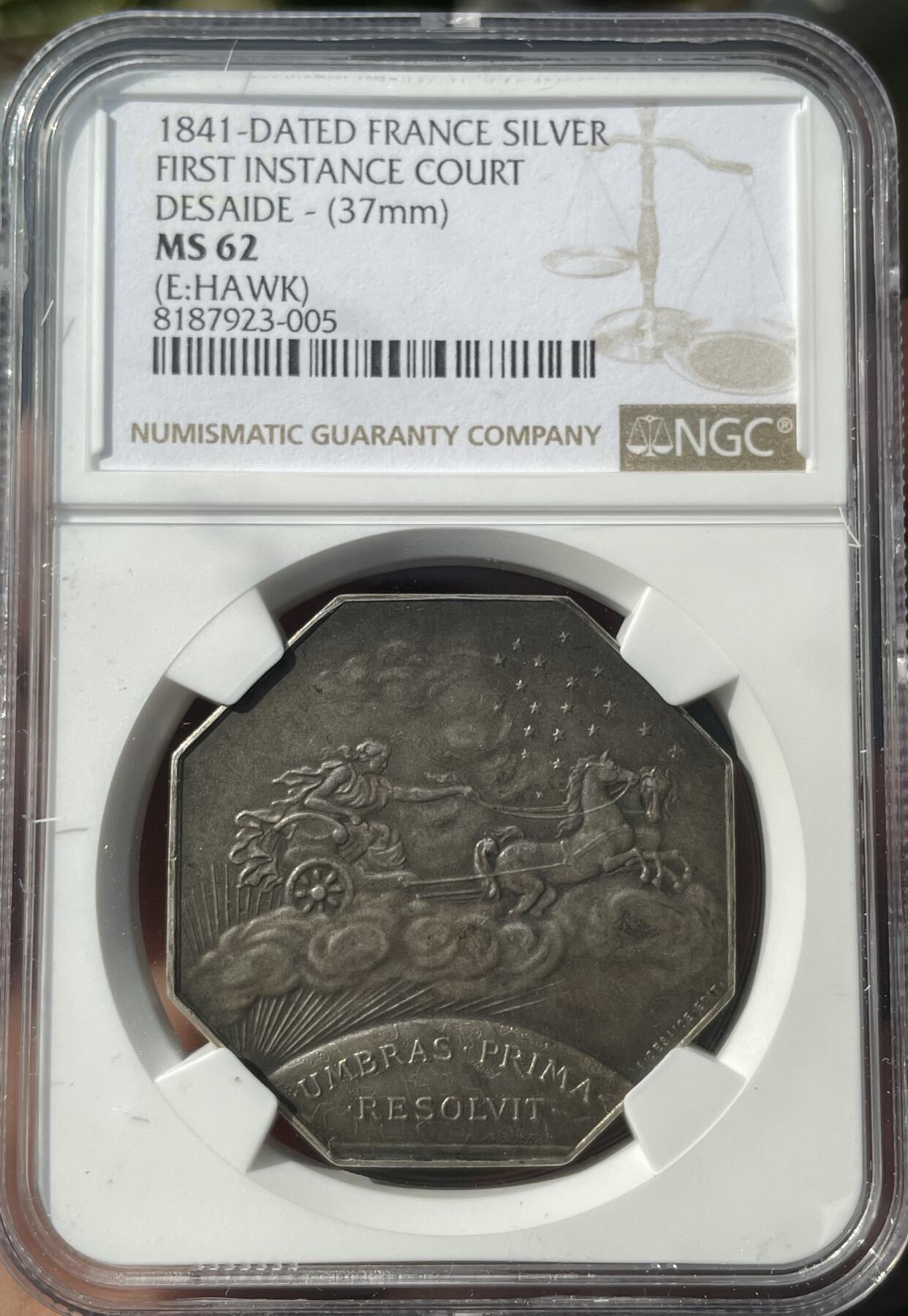 「木头集藏」章牌精品专场！ 1841年法国初审法语银章 直径：37mm，边铭：菱形厂标 ARGENT 野猪头银标