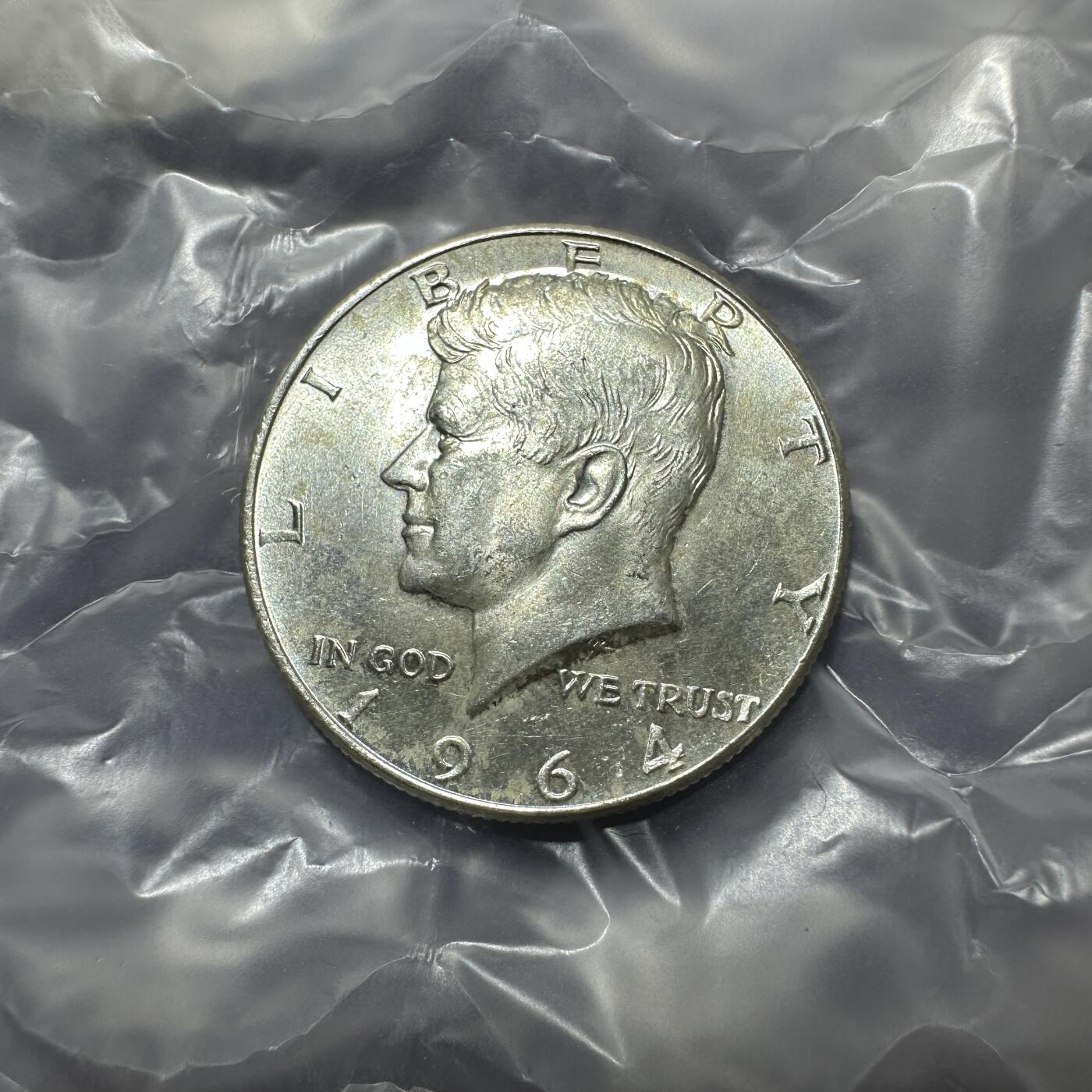 精美外币裸币专场-0押金 美国1964年肯尼迪半美元银币，光度佳