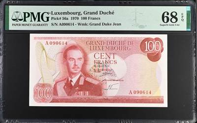 收藏联盟Quantum Auction 第368期拍卖  - 卢森堡大公国1970年100法郎首发A冠 PMG68 冠军分