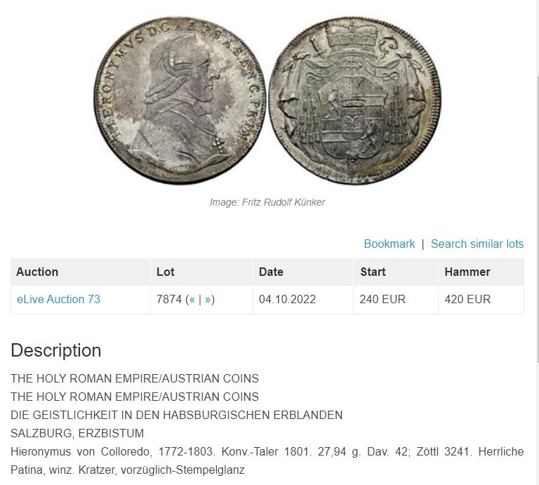 《竞宝斋》第296场- 周日，周一  2场连拍 （全场包邮） NGC AU58 奥地利 1801 萨尔茨堡 泰勒大银币 底板包浆都非常好 背部打制精美 昆克4200来的裸币