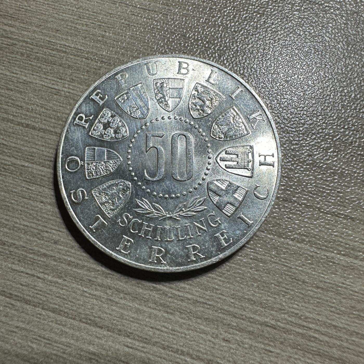 精美外币裸币专场-0押金 奥地利 1964年 冬奥会  50先令 20克 0.9银 UNC