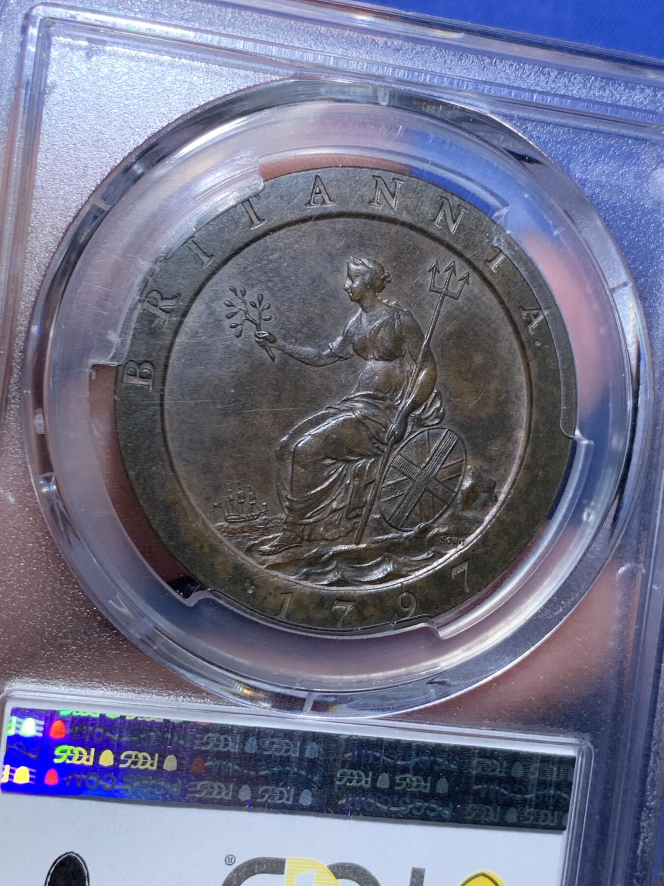 《竞宝斋》第297场- 周日，周一  2场连拍 （全场包邮） PCGS MS62BN 英国 1797年 1便士铜币（SOHO厂小车轮便士，十叶稀有版别，工业革命的经典之作，历史上第一批真正意义的机制币）