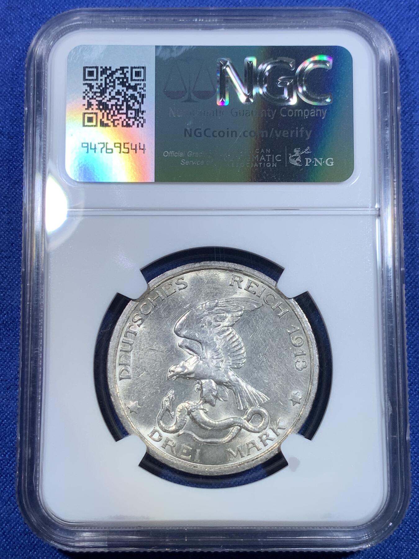 《竞宝斋》第297场- 周日，周一  2场连拍 （全场包邮） NGC MS62 德国1913年普鲁士战胜拿破仑一百周年纪念3马克银币