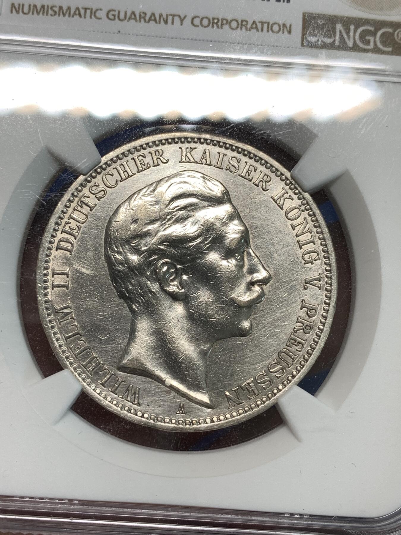 《竞宝斋》第297场- 周日，周一  2场连拍 （全场包邮） NGC XFD 德国1911年A版普鲁士威廉二世3马克