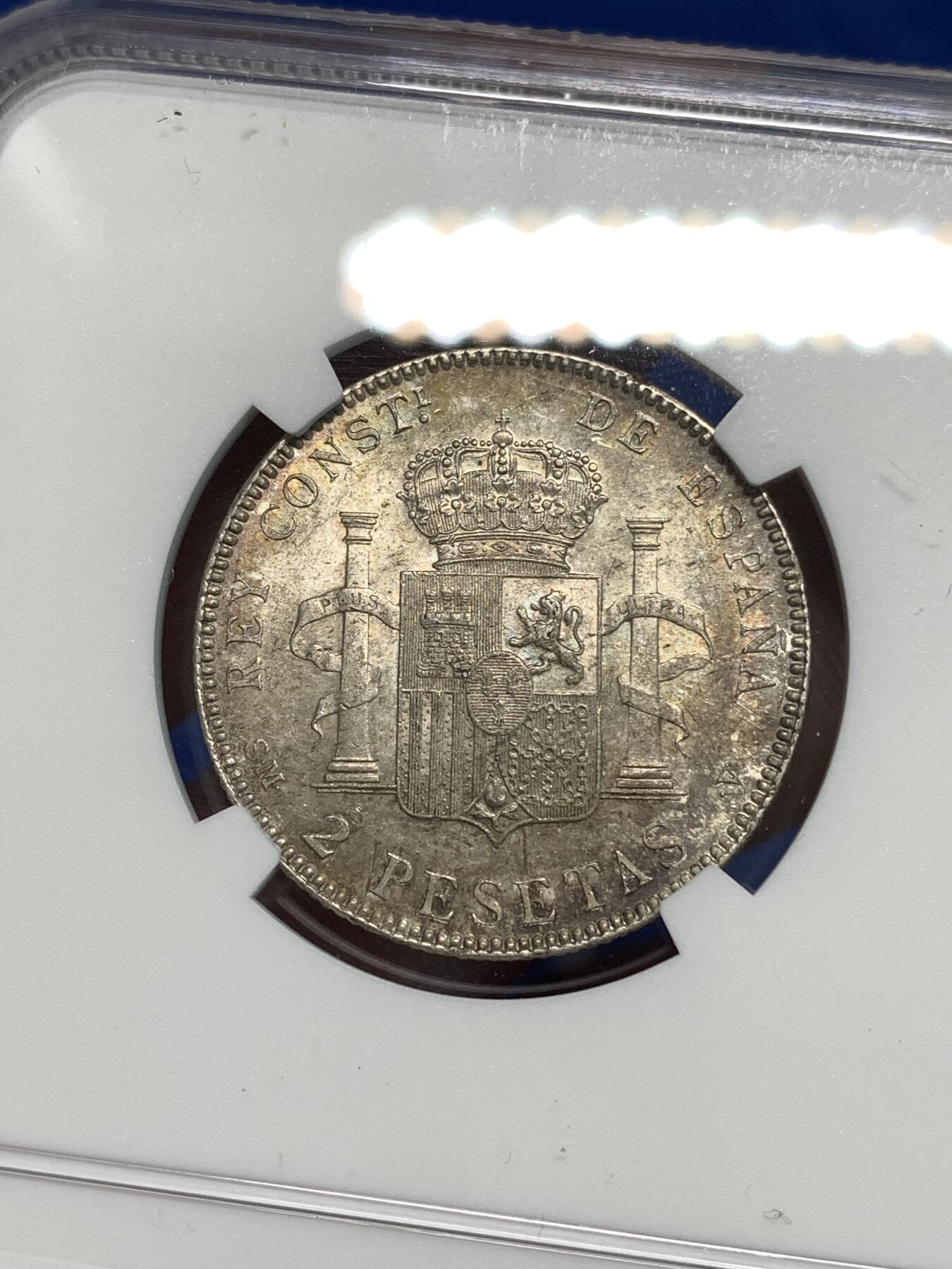 《竞宝斋》第297场- 周日，周一  2场连拍 （全场包邮） NGC MS63 西班牙1905阿方索十三世2比塞塔银币