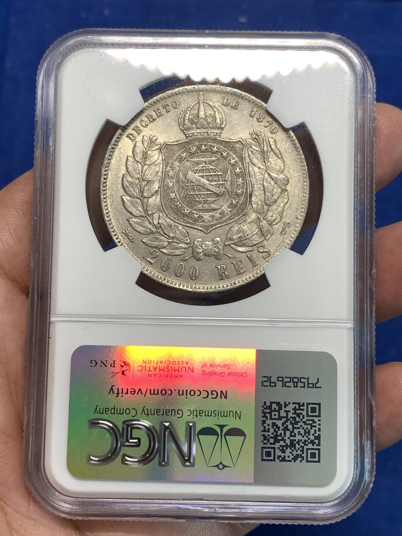 《竞宝斋》第297场- 周日，周一  2场连拍 （全场包邮） NGC AU55 巴西1889年佩德罗二世2000瑞斯银币