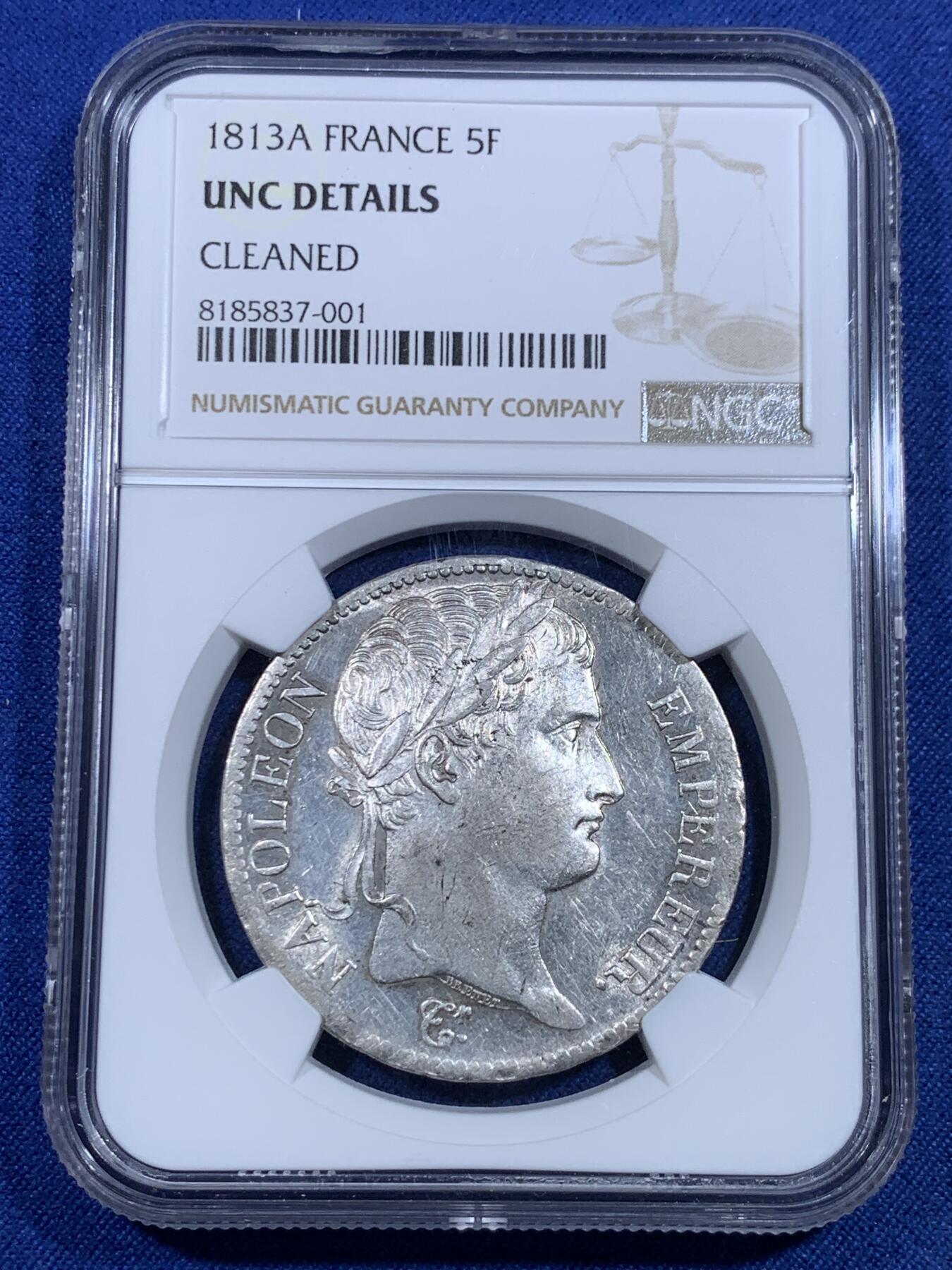 《竞宝斋》第297场- 周日，周一  2场连拍 （全场包邮） NGC UNC 1813年法国拿破仑皇帝5法郎大银币 后期少见年份， 观感佳
