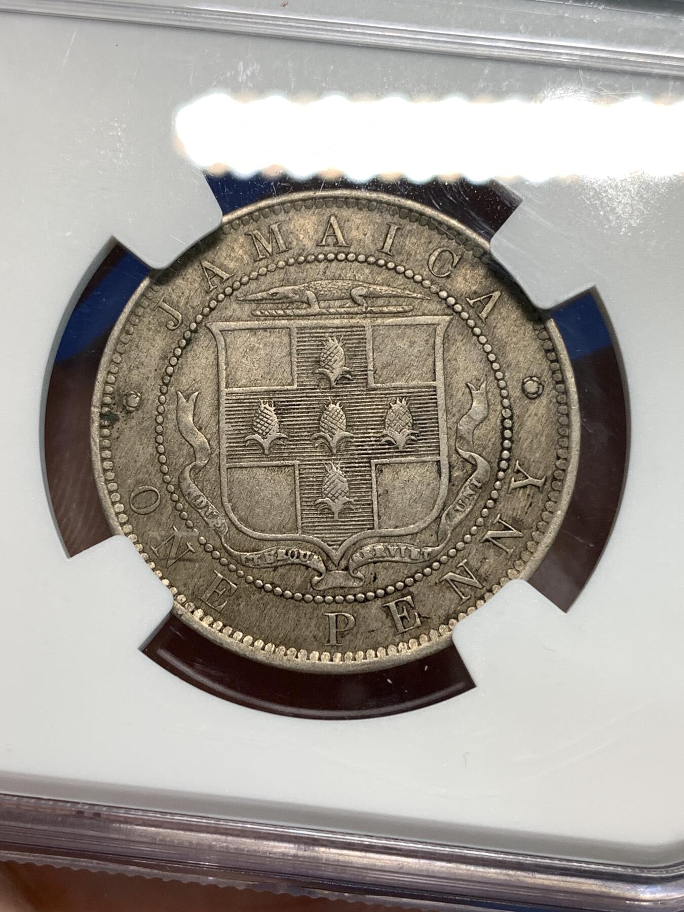 《竞宝斋》第297场- 周日，周一  2场连拍 （全场包邮） NGC AU55 1880年英国英属牙买加1便士最大面值镍币维多利亚女王头像1便士评级币 不多见