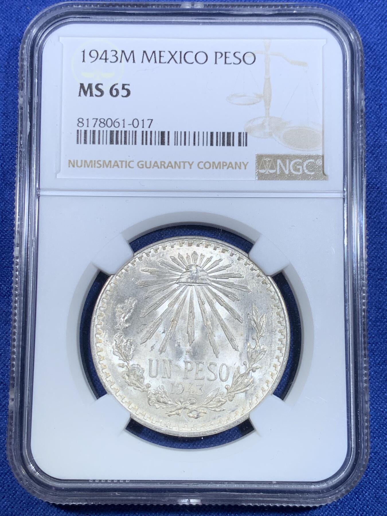 《竞宝斋》第297场- 周日，周一  2场连拍 （全场包邮） NGC MS65 墨西哥1943年鹰洋1比索银币