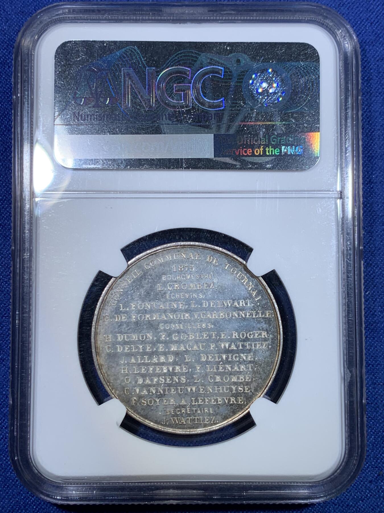 《竞宝斋》第297场- 周日，周一  2场连拍 （全场包邮） NGC MS64 比利时1875图尔奈社区委员会圆形银质代币