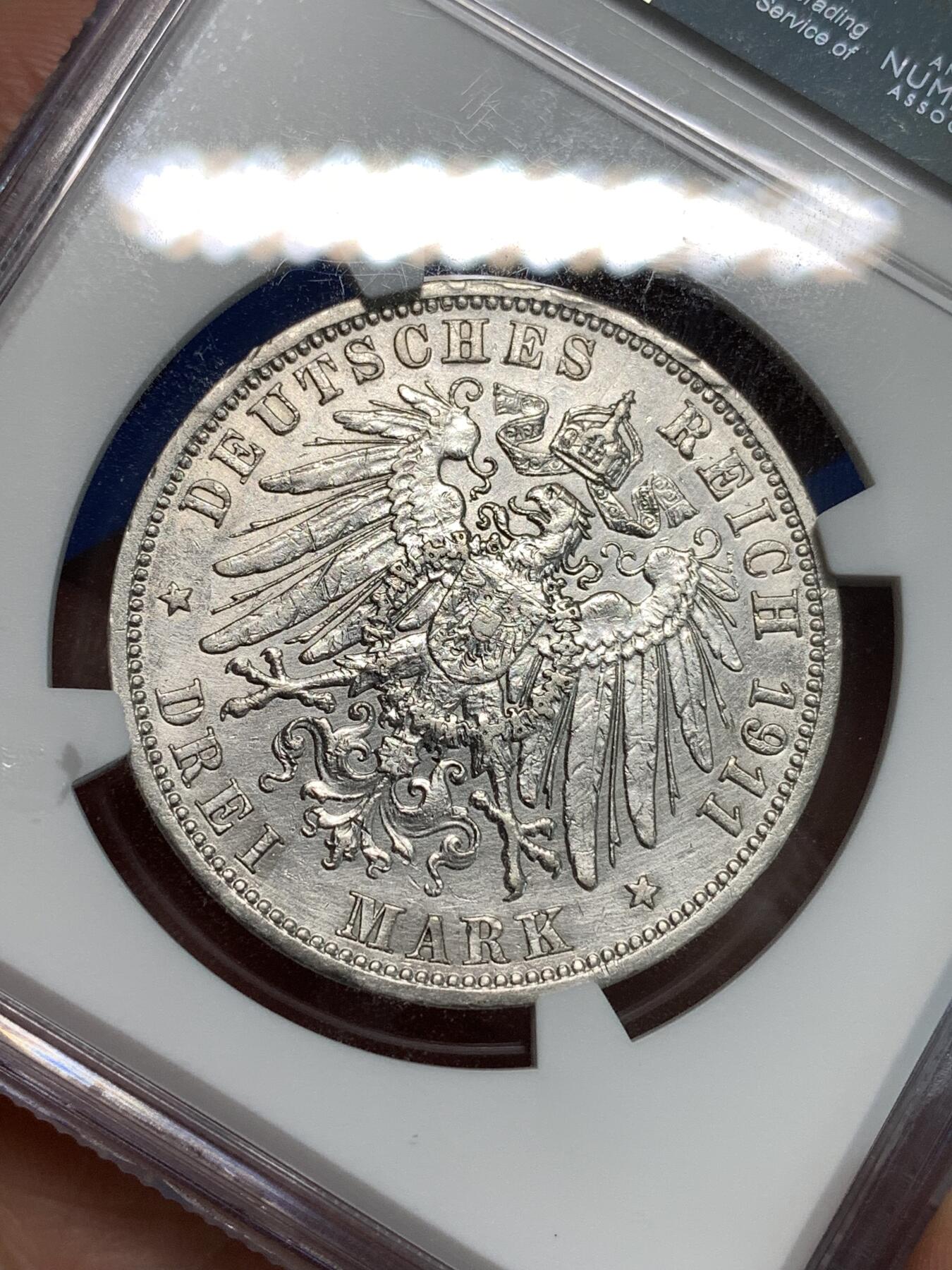 《竞宝斋》第297场- 周日，周一  2场连拍 （全场包邮） NGC XFD 德国1911年A版普鲁士威廉二世3马克