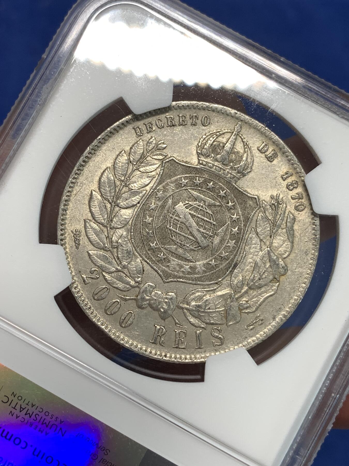 《竞宝斋》第297场- 周日，周一  2场连拍 （全场包邮） NGC AU55 巴西1889年佩德罗二世2000瑞斯银币