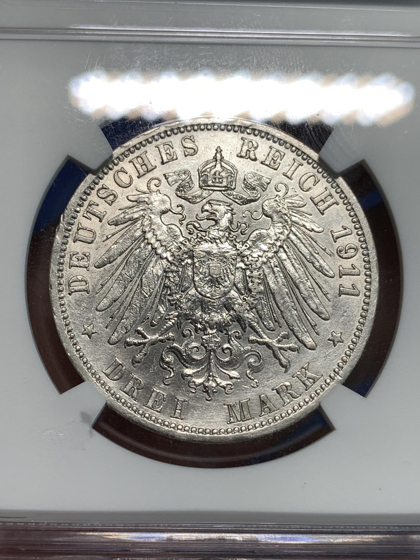 《竞宝斋》第297场- 周日，周一  2场连拍 （全场包邮） NGC XFD 德国1911年A版普鲁士威廉二世3马克