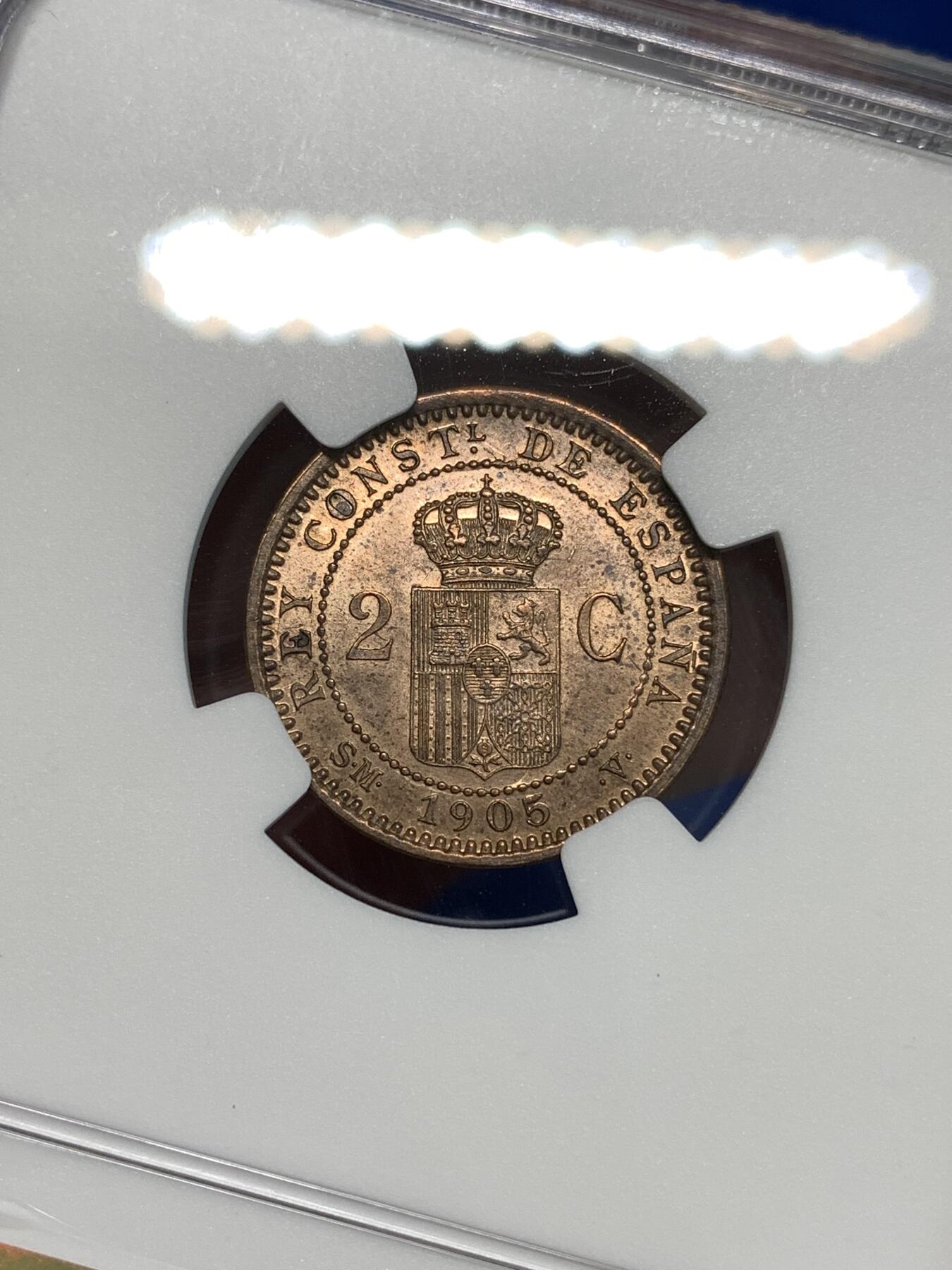 《竞宝斋》第297场- 周日，周一  2场连拍 （全场包邮） NGC UNCD 西班牙1905阿方索十三世 2c铜币