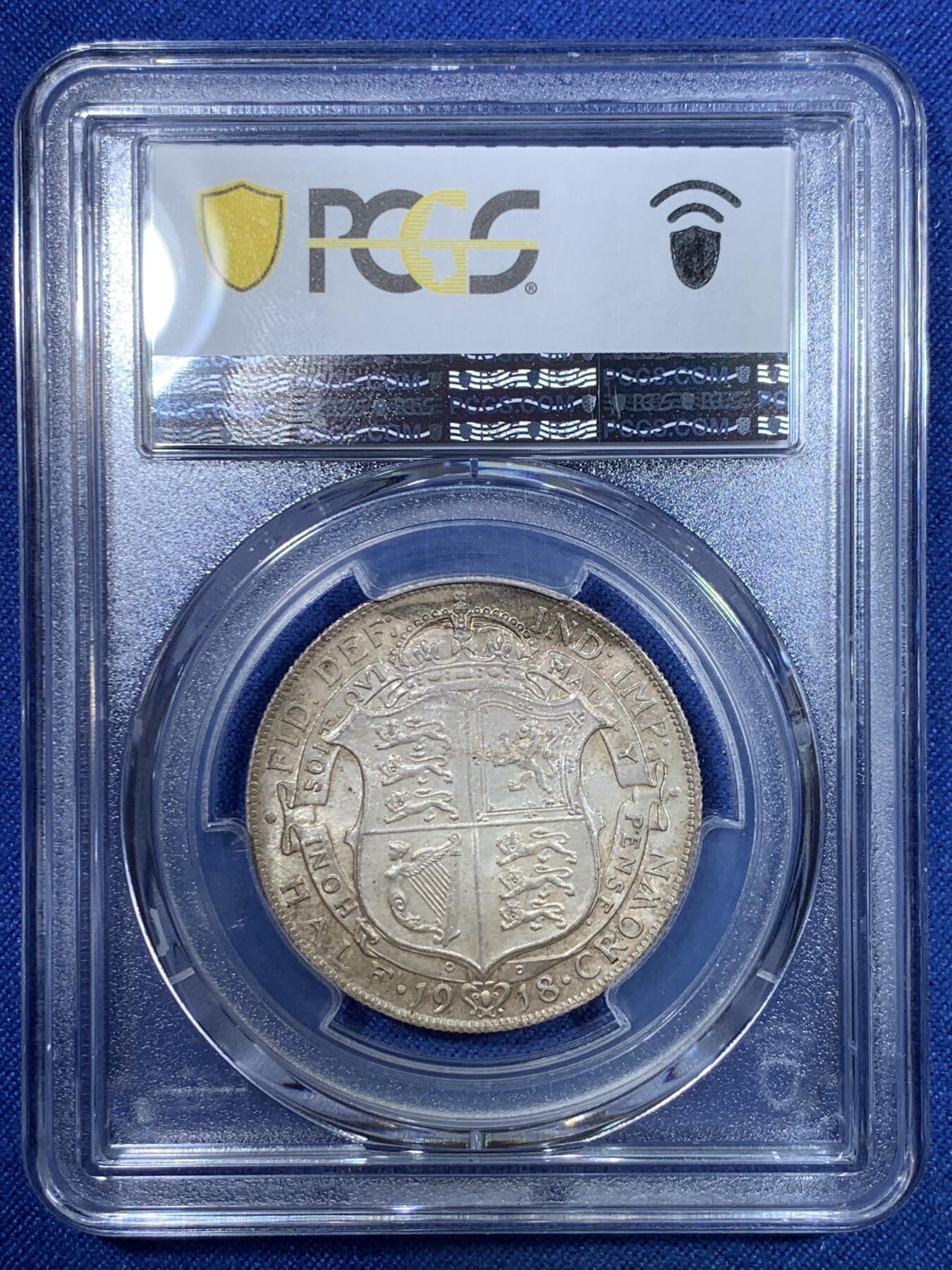 《竞宝斋》第297场- 周日，周一  2场连拍 （全场包邮） PCGS MS63 英国 1918年 半克朗 乔治五世 银币 原味包浆