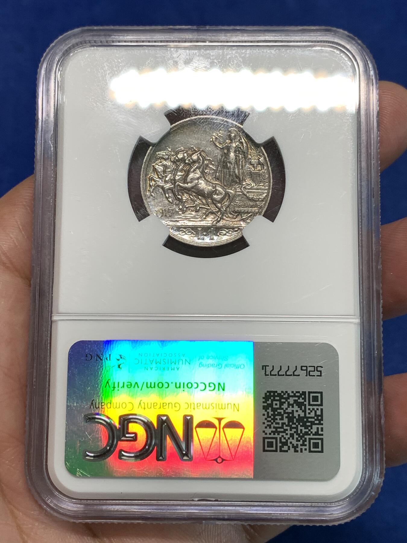 《竞宝斋》第297场- 周日，周一  2场连拍 （全场包邮） NGC AU50 1917年R意大利1里拉翁贝托三世马拉车经典品种淡彩包浆
