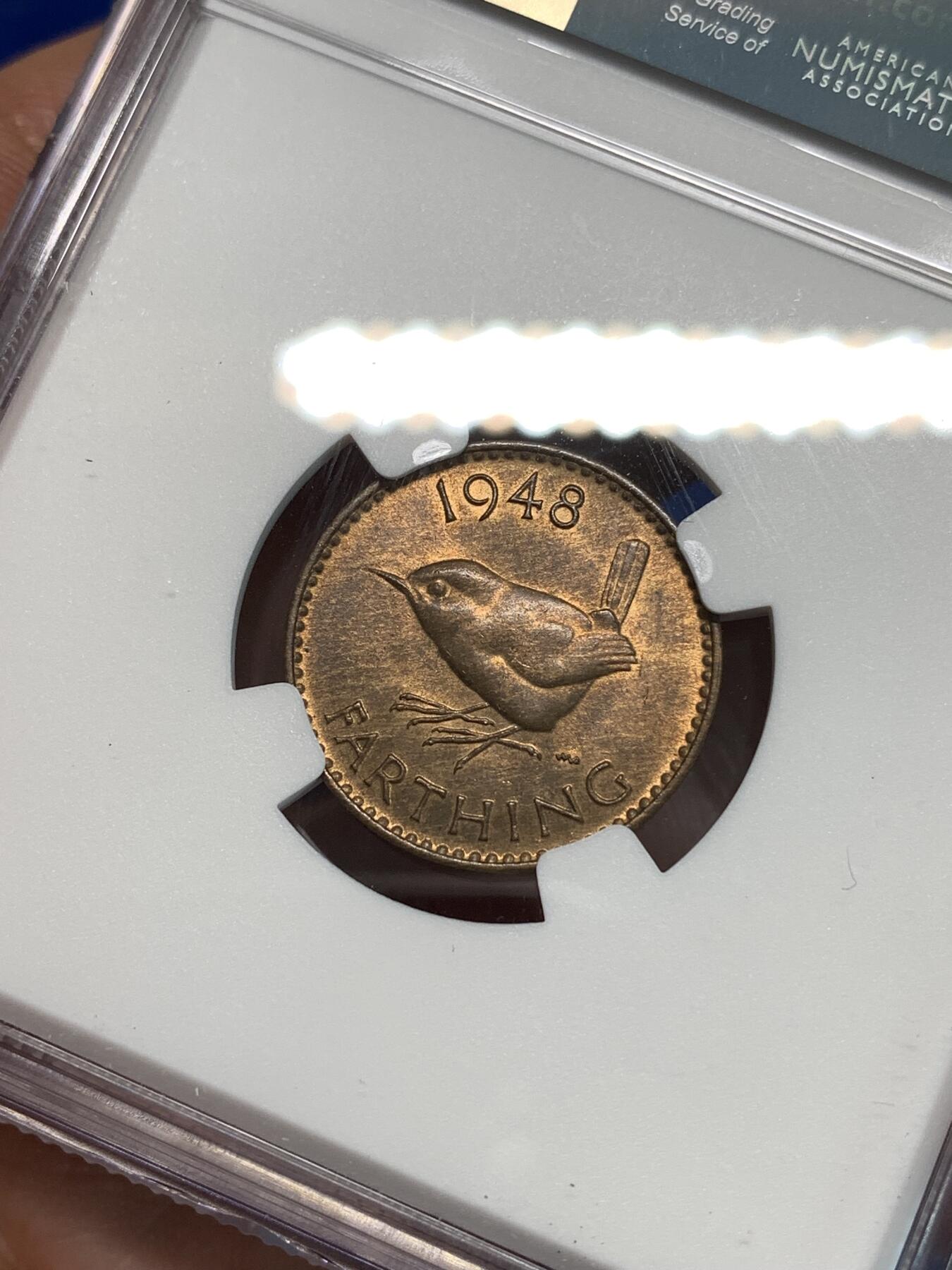 《竞宝斋》第297场- 周日，周一  2场连拍 （全场包邮） NGC MS64RB 英国1948年乔六1/4便士小鸟铜币