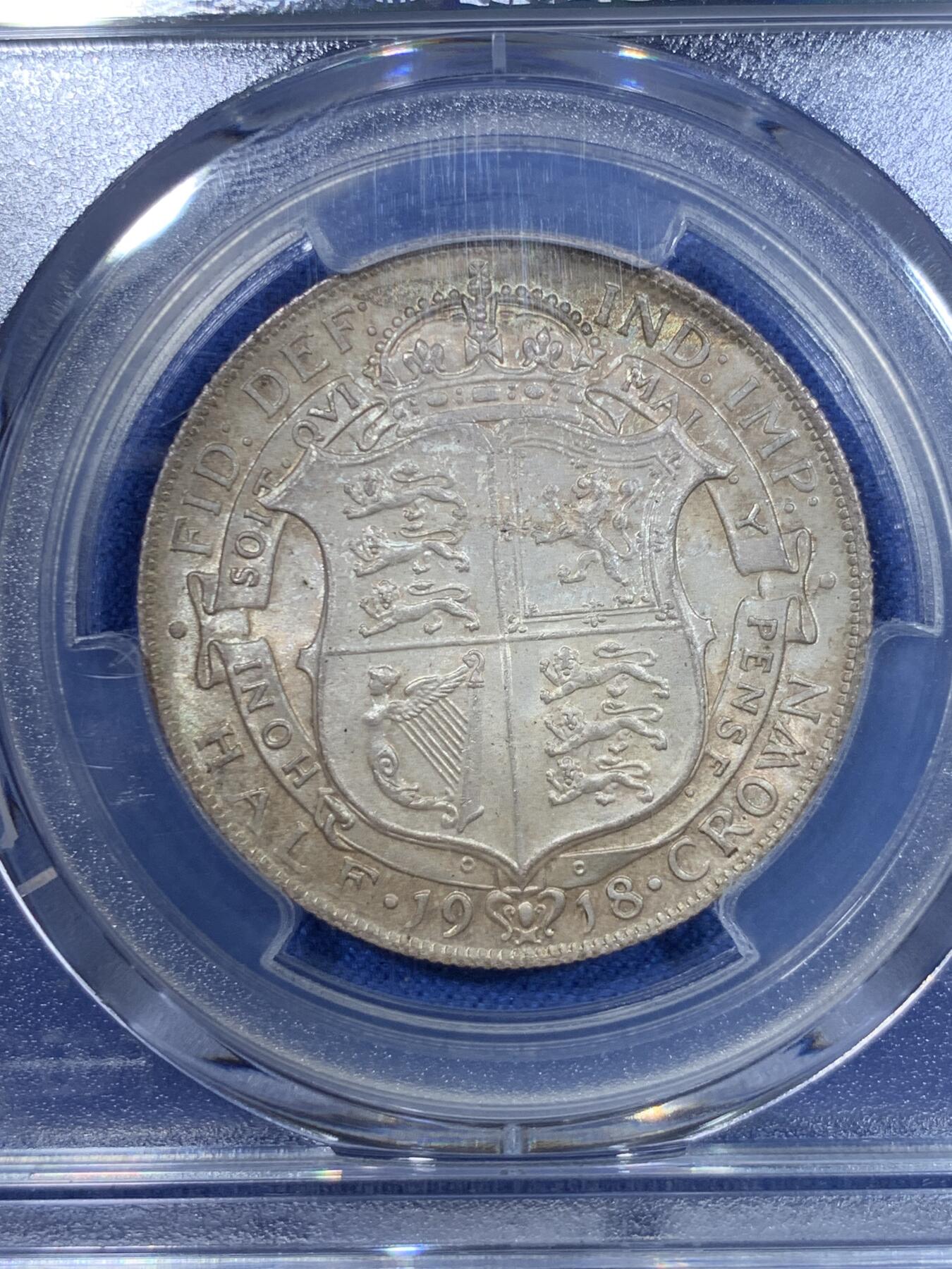 《竞宝斋》第297场- 周日，周一  2场连拍 （全场包邮） PCGS MS63 英国 1918年 半克朗 乔治五世 银币 原味包浆