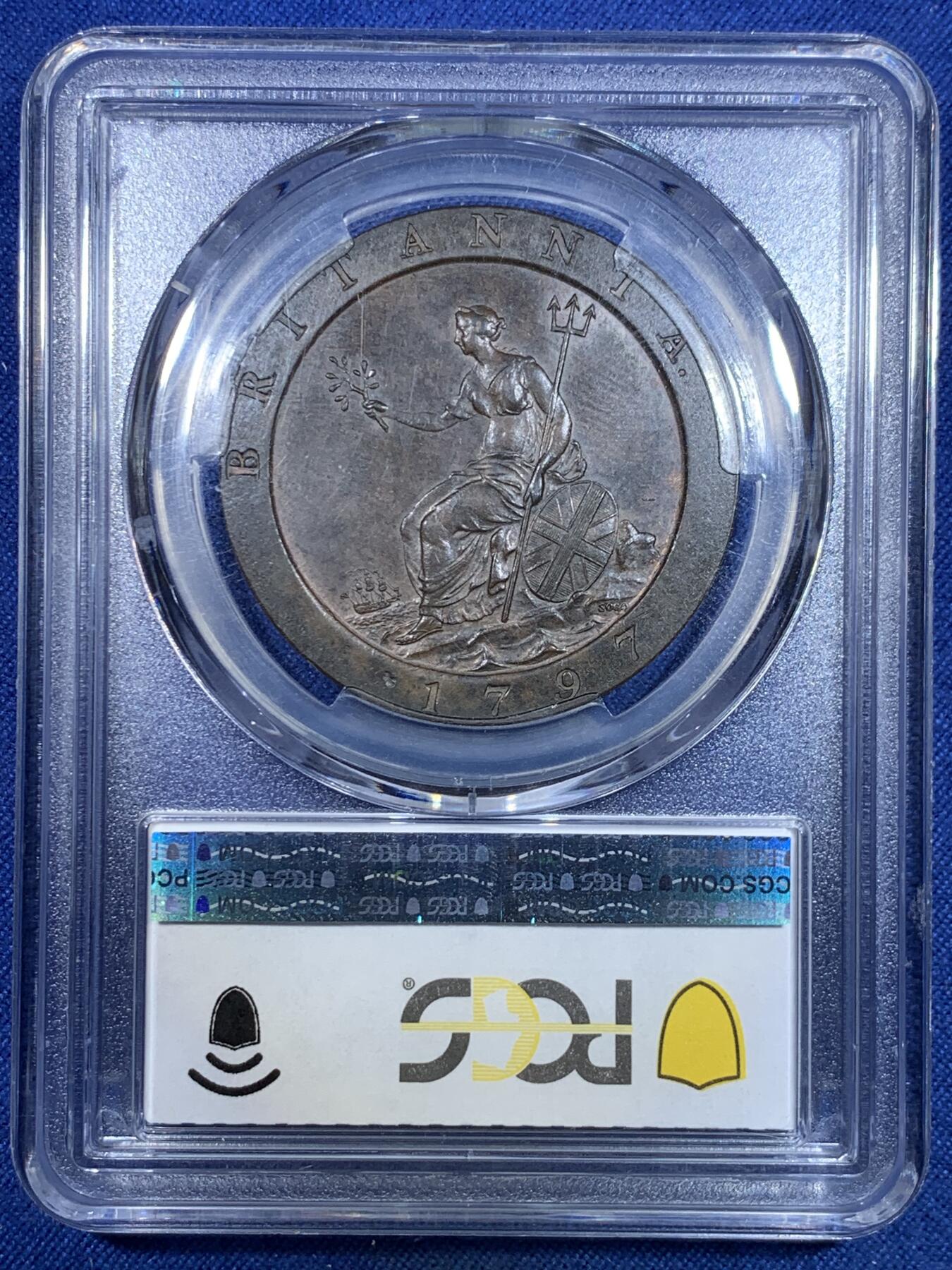 《竞宝斋》第297场- 周日，周一  2场连拍 （全场包邮） PCGS MS62BN 英国 1797年 1便士铜币（SOHO厂小车轮便士，十叶稀有版别，工业革命的经典之作，历史上第一批真正意义的机制币）