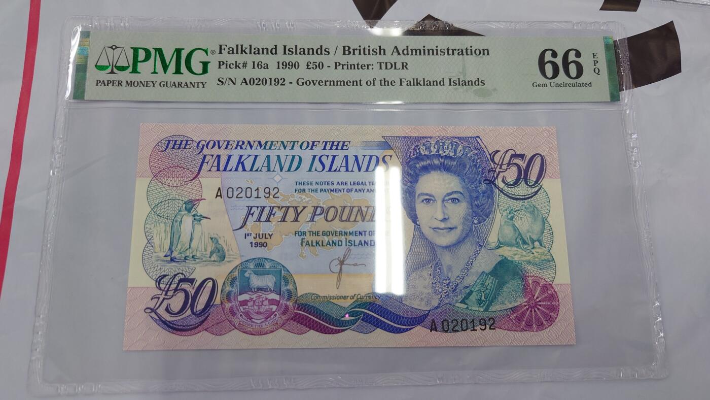 【世界钱币】精选微拍第128期暨2024年第39期  部分评级币，裸钞历史库存较低价起拍 1990年福克兰群岛50镑 全新绝品无47PMG66E 尾号192