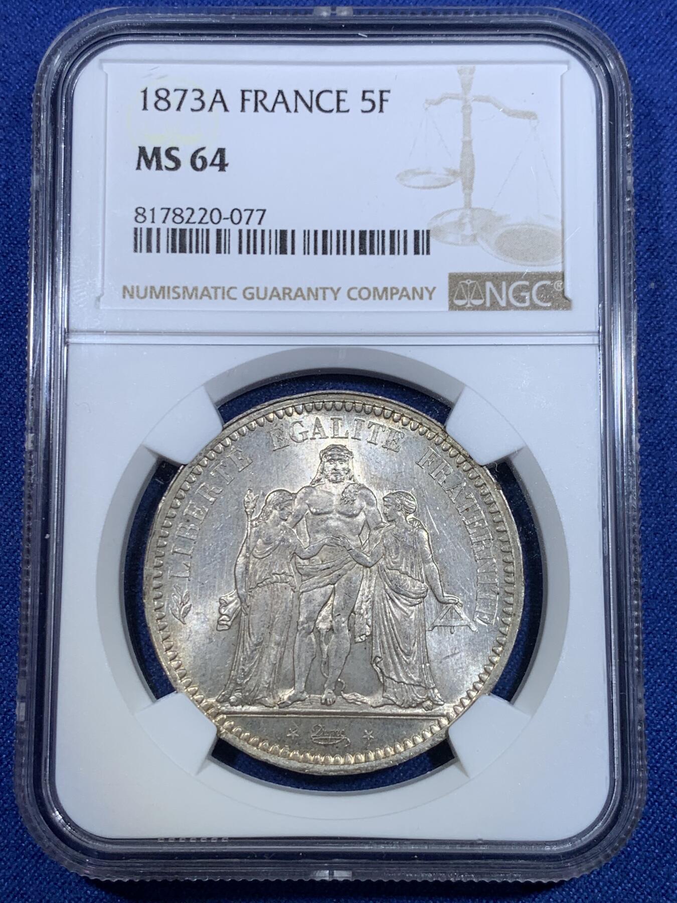 《竞宝斋》第297场- 周日，周一  2场连拍 （全场包邮） NGC MS64 法国1873A大力神5法郎银币淡金彩