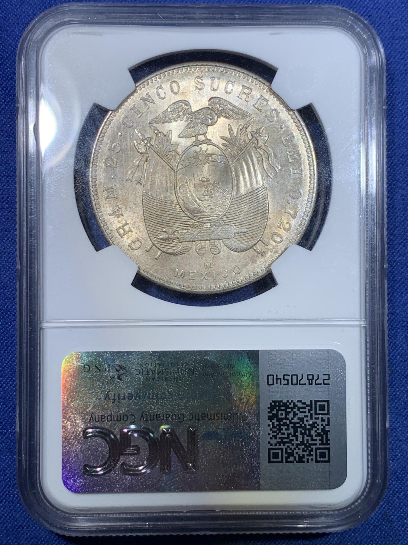 《竞宝斋》第297场- 周日，周一  2场连拍 （全场包邮） NGC MS64 厄瓜多尔1943年五苏克雷银币，墨西哥代铸，流通较充分，高分难得！漂亮的黄油光状态。