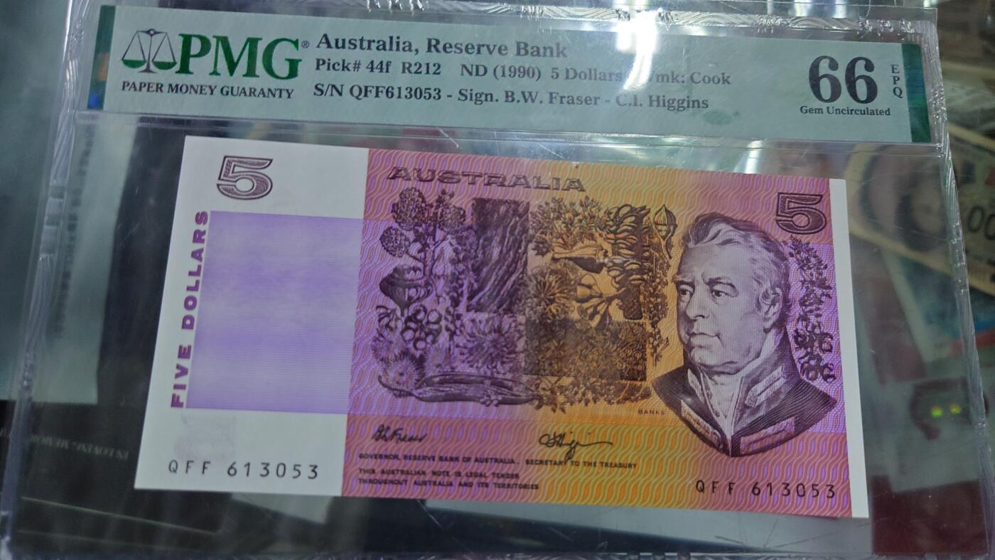 【世界钱币】精选微拍第128期暨2024年第39期  部分评级币，裸钞历史库存较低价起拍 1990年澳大利亚5元 无47PMG66E